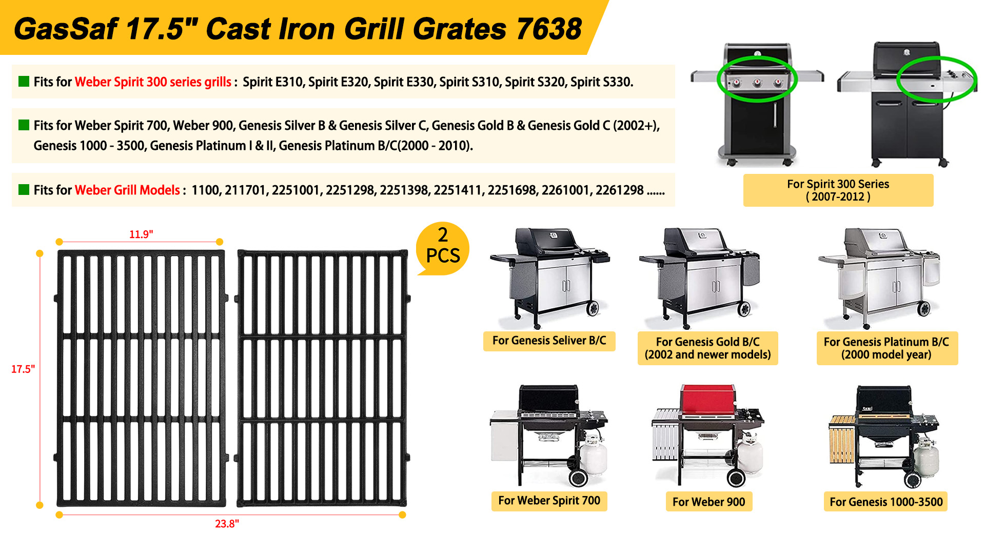 Orgneas Griglie In Acciaio Inox Per Barbecue Weber - Set Da 2 Pezzi 44x30 Cm - Compatibili Con Spirit 300, Genesis Silver/Gold/Platinum, 7638, 7639