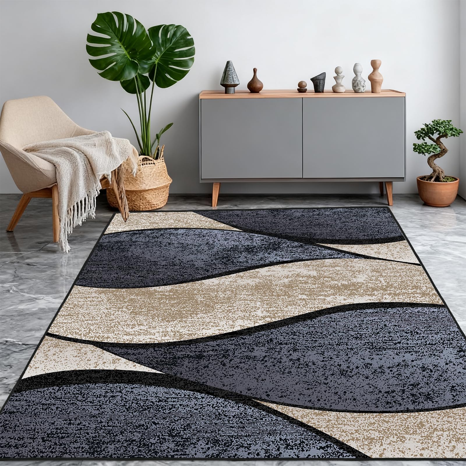 WQMMD Modern Waschbare Teppiche Wohnzimmer 160x230 cm Kurzflor Wellen Muster rutschfest Teppich Maschinenwaschbar für Esszimmer Büro jugendzimmer Schlafzimmer(Schwarz Anthrazit Beige)