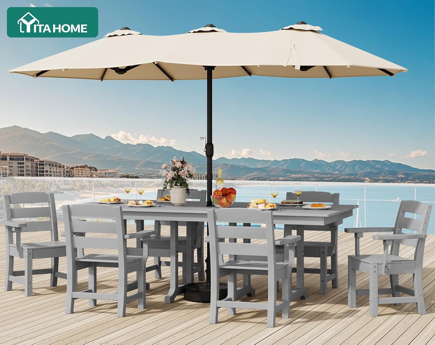 YITAHOME HDPE Patio Dining Table for 6, 71" Outdoor Dining Table w/Max Bearing 165 LBS, All Weather Rectangular Patio Table w/1.57" Umbrella Hole for Backyard Garden Lawn, Gray