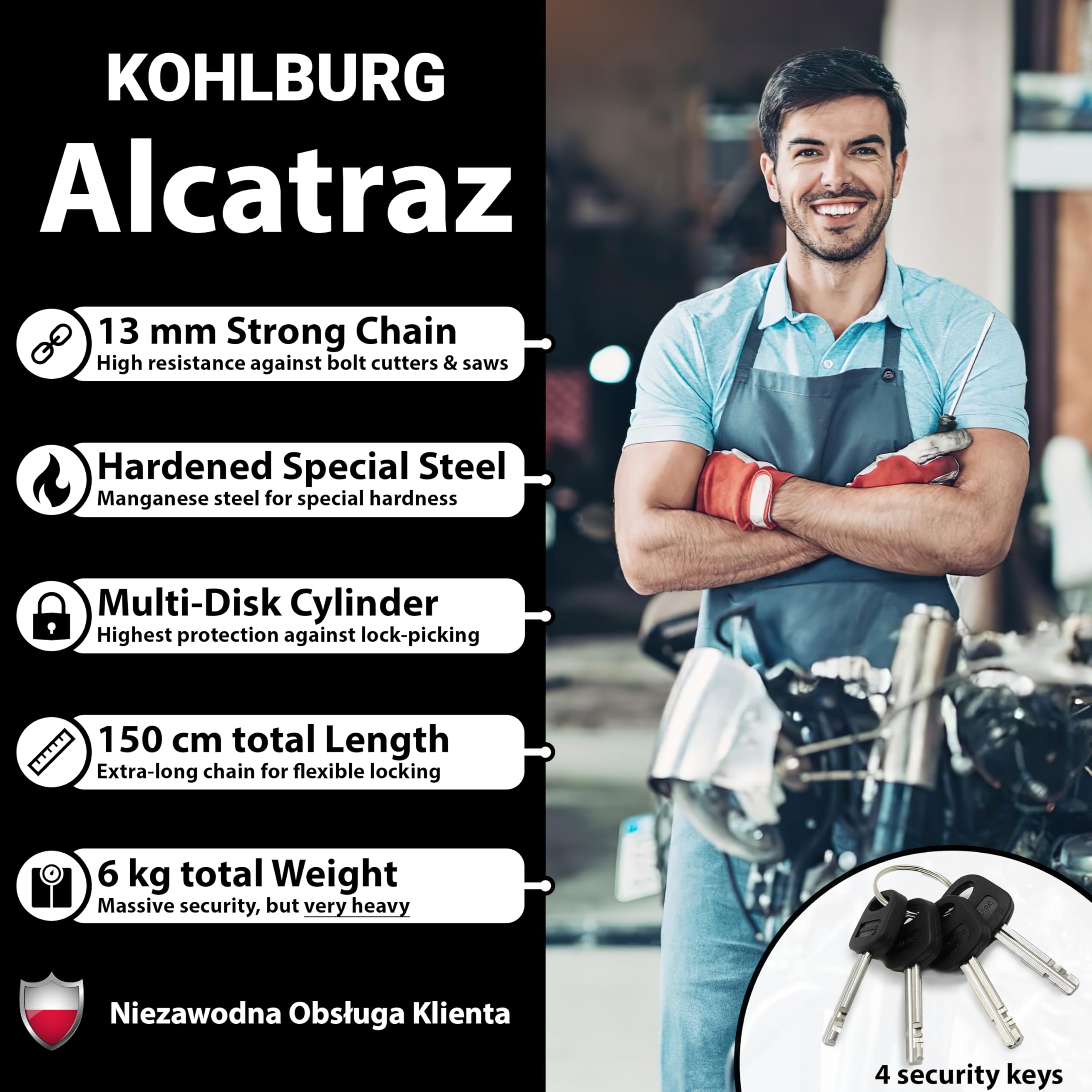 KOHLBURG Masywny motocyklowy łańcuch z zamkiem, 6 kg, 150 cm długości | Poziom bezpieczeństwa 15plus z 15, zabezpieczenie antykradzieżowe dla motocykla