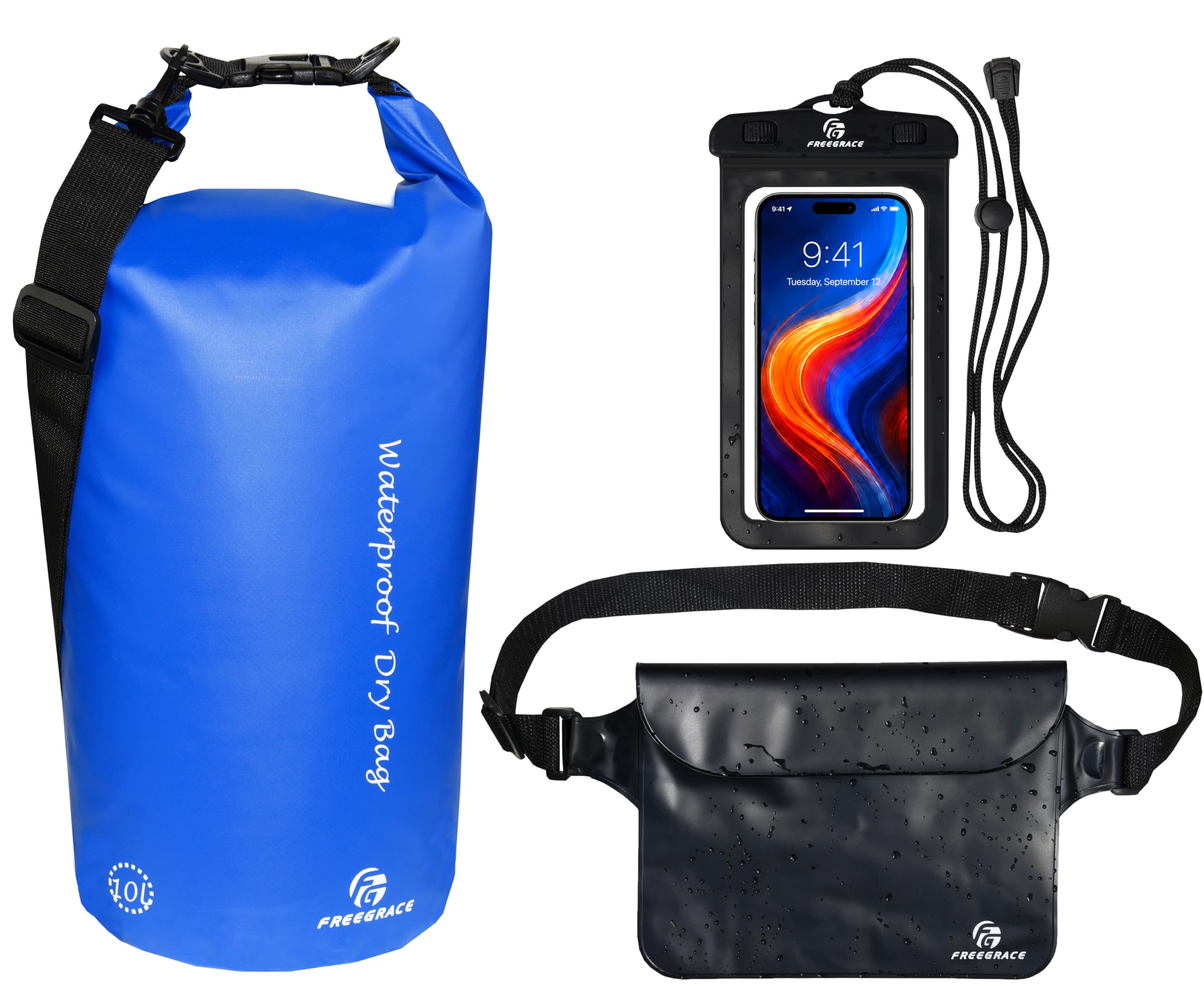 Set de 3 Sacos Secos a Prueba de Agua, por Freegrace – Saco Seco con 2 Sellos Ziplock y Correa Removible. Saco de Cintura y Estuche para Teléfono – Puede Ser Sumergido Bajo el Agua – Para Nadar, Montar Kayak, Montar en Bote, y Hacer Rafting
