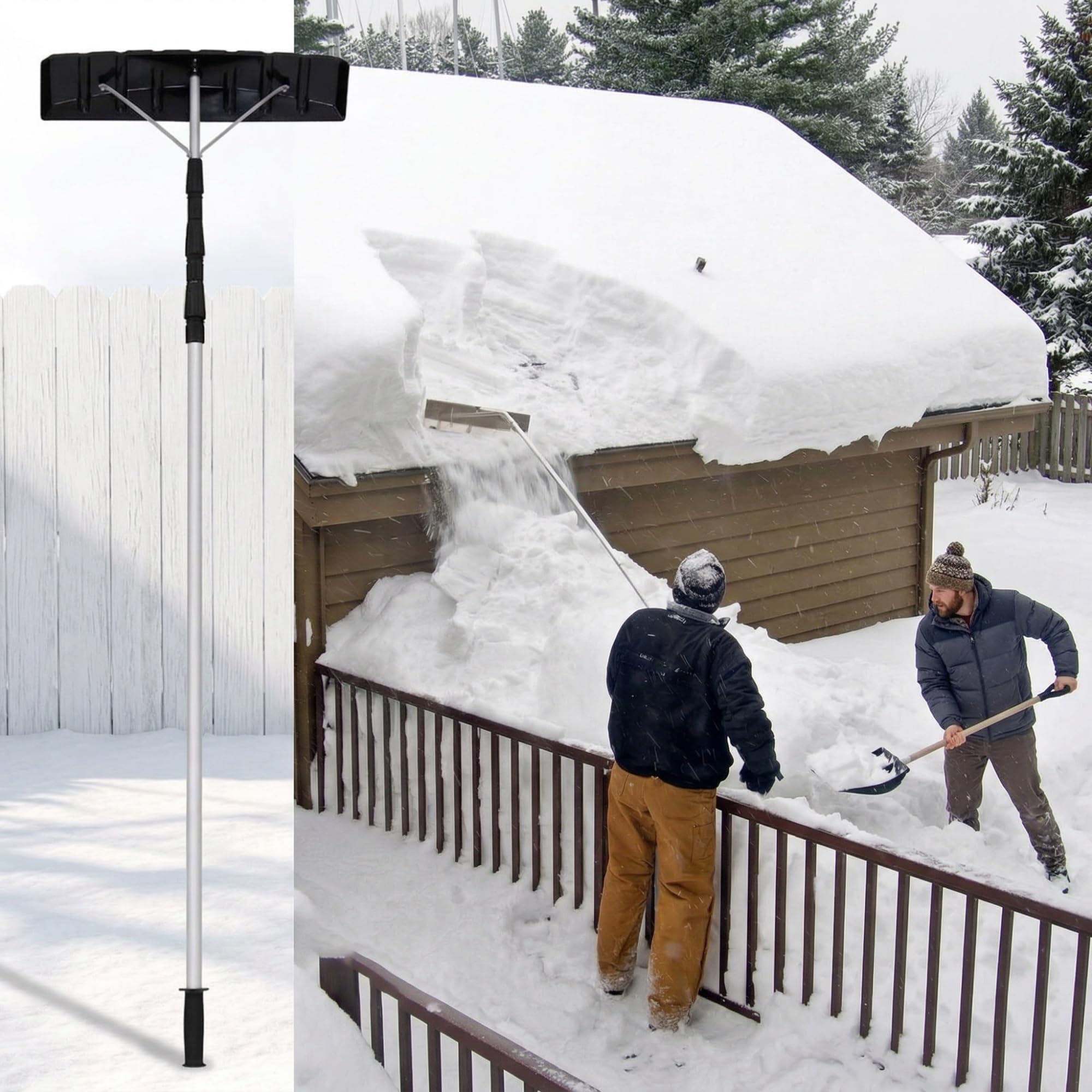 Rastrillo telescópico antideslizante para techo de nieve, pala de nieve ajustable de largo alcance con hoja de plástico segura para prevención de presas de hielo, herramienta antiarañazos para casa