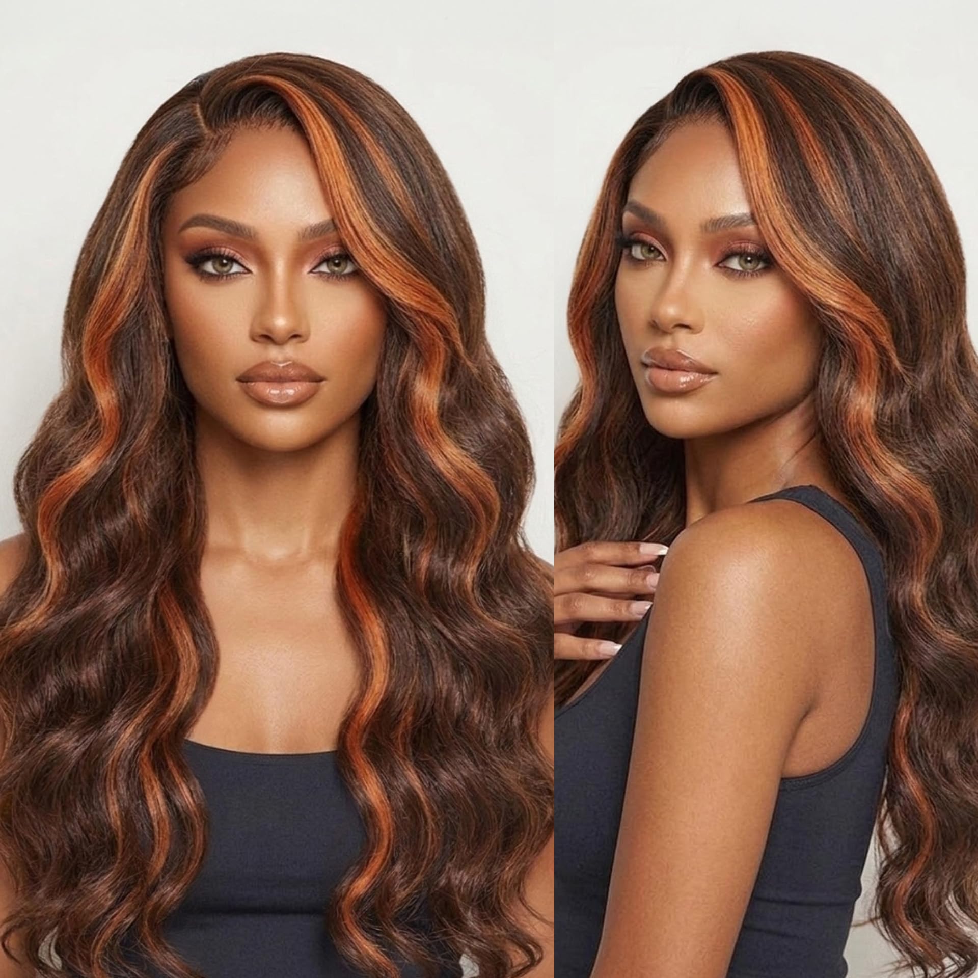 GORGIUS Ginger Orange Highlight Wigs Glueless Loose Wave Ombre Wig Pre Plucked Lace Frontal Ginger Orange Colored 24 Inch Long Wavy Wig Premium Fiber
