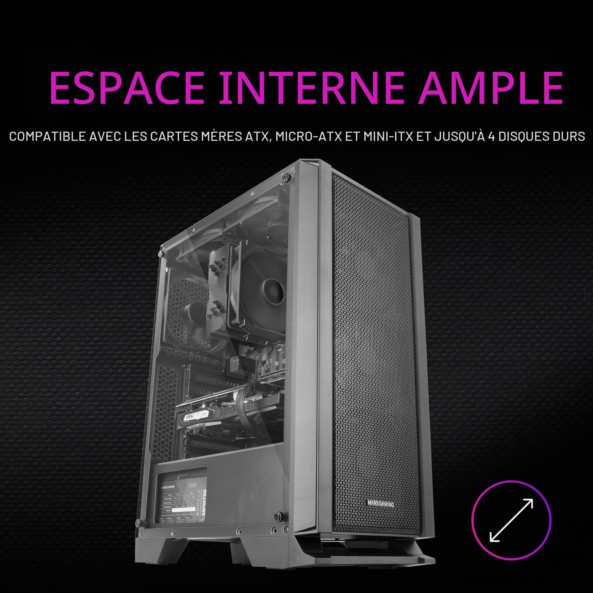 Mars Gaming MC-Master, Boîtier PC ATX, Metal-Mesh Front Panel, Verre Trempé, 4 Ventilateurs Ultra-Silencieux 120mm, Noir