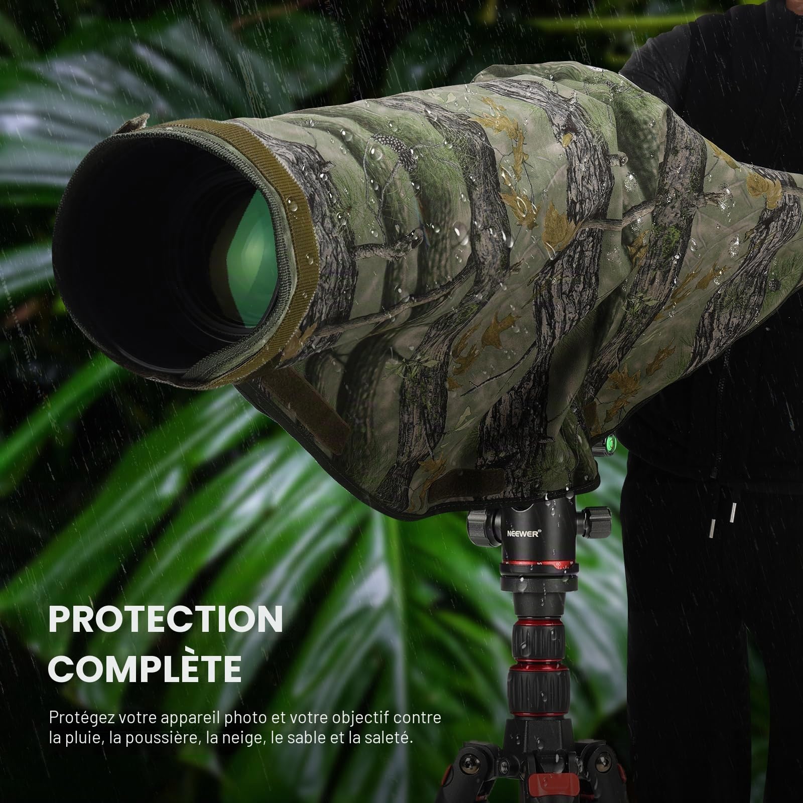 NEEWER Housse de Protection Contre la Pluie pour Appareil Photo Reflex numérique Canon, Sony, Nikon, Fujifilm et objectifs jusqu'à 400 mm, Camouflage des Deux côtés, en Nylon Vert PB020