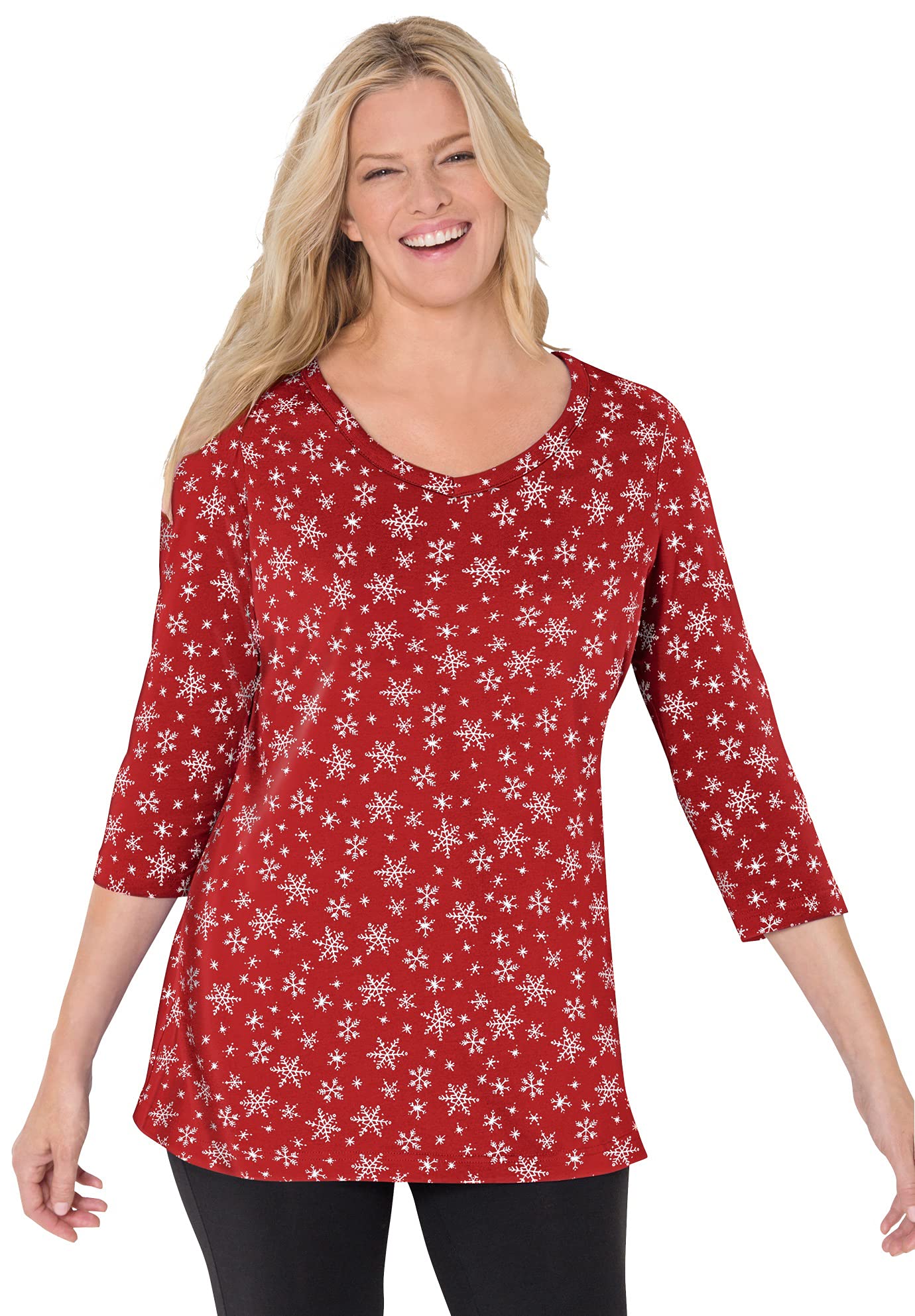 Woman WithinWomen's Plus Size Perfect Printed Three-Quarter Sleeve V-Neck Tee Shirt