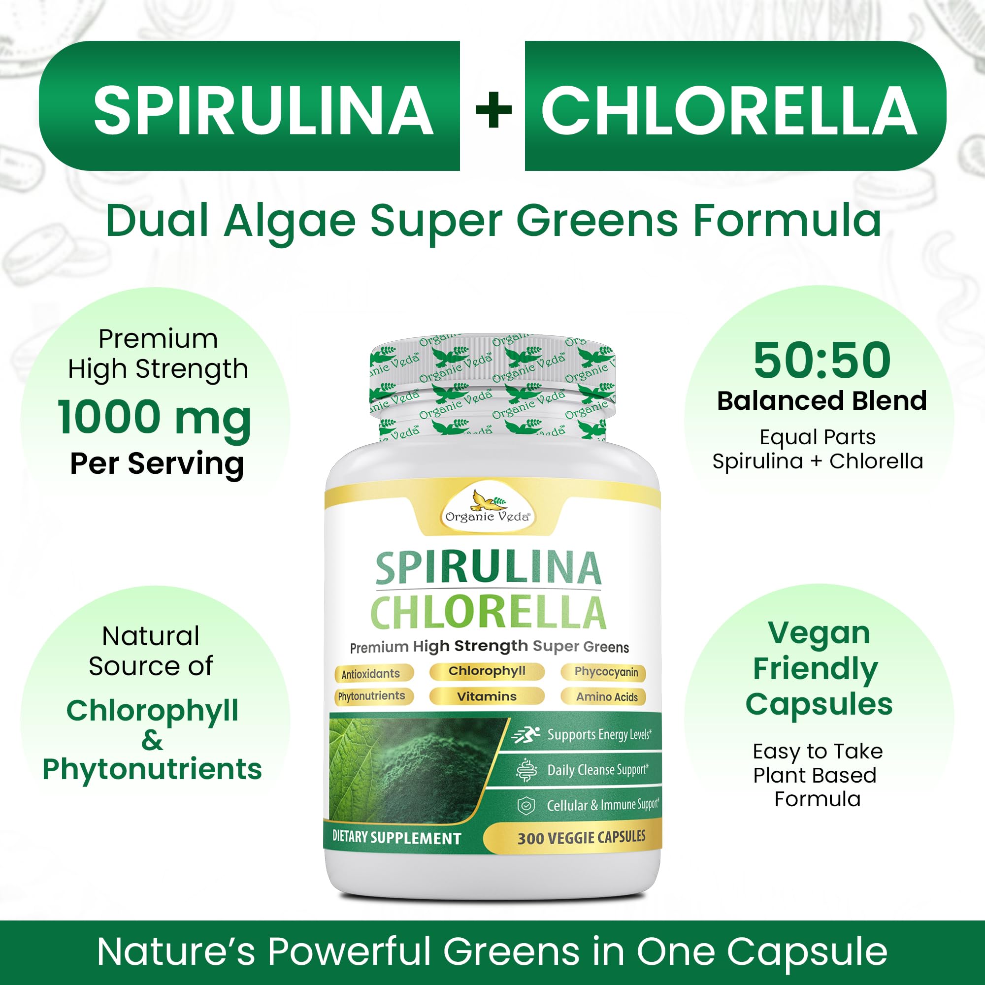 Organic Veda Spirulina Chlorella Capsules, 1500mg, 300 Count -Chlorella Spirulina Powder Supplement with Super Green Antioxidants, Phycocyanin, Amino Acid - Organic Chlorophyll Pills — Amazon image 4