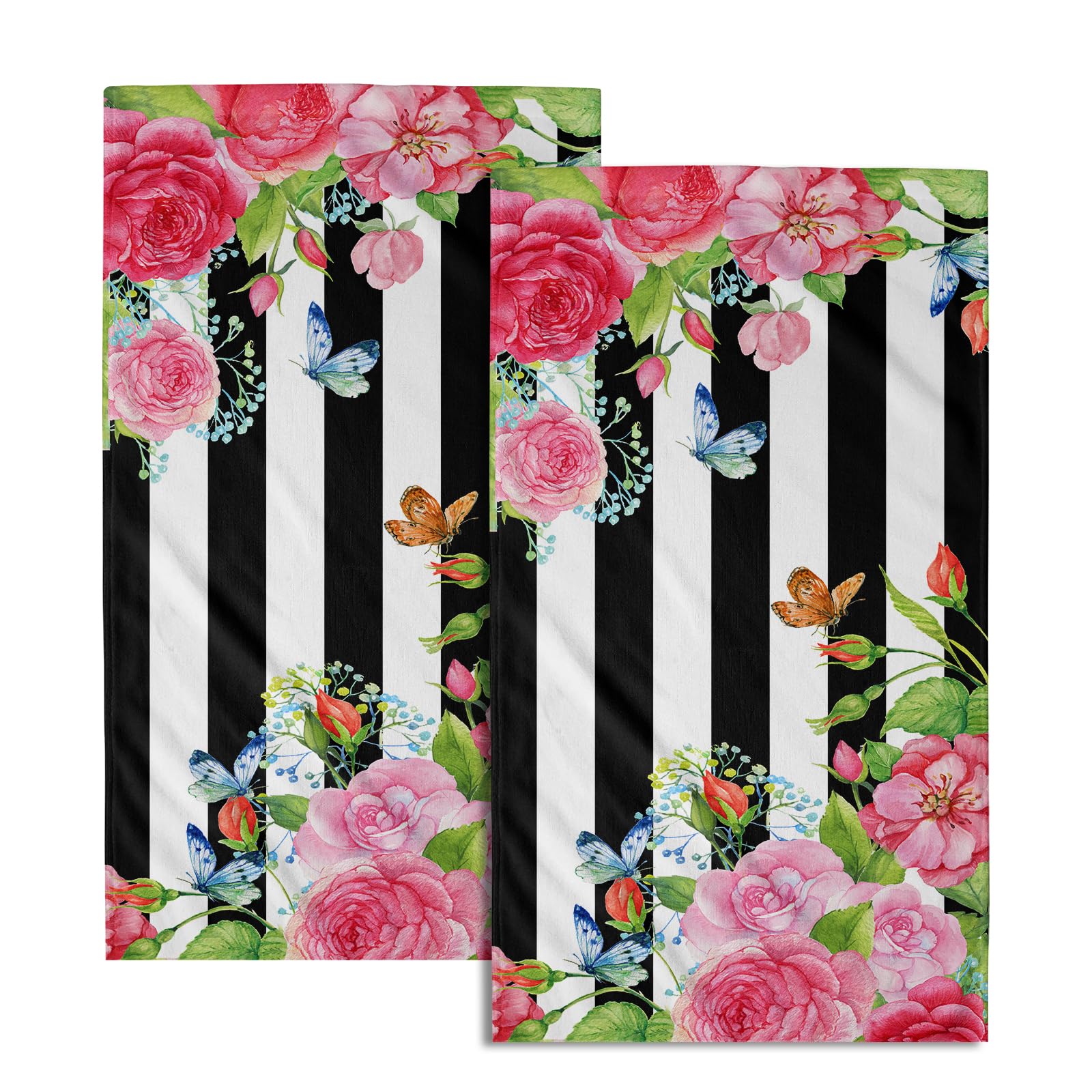 Giwawa Pink Flower Hand Towels Set of 2 Classic Stripe Absorbent Small Bath Fingertip Towel Kitchen Dish Guest Towel for Bathroom Hotel Gym Spa