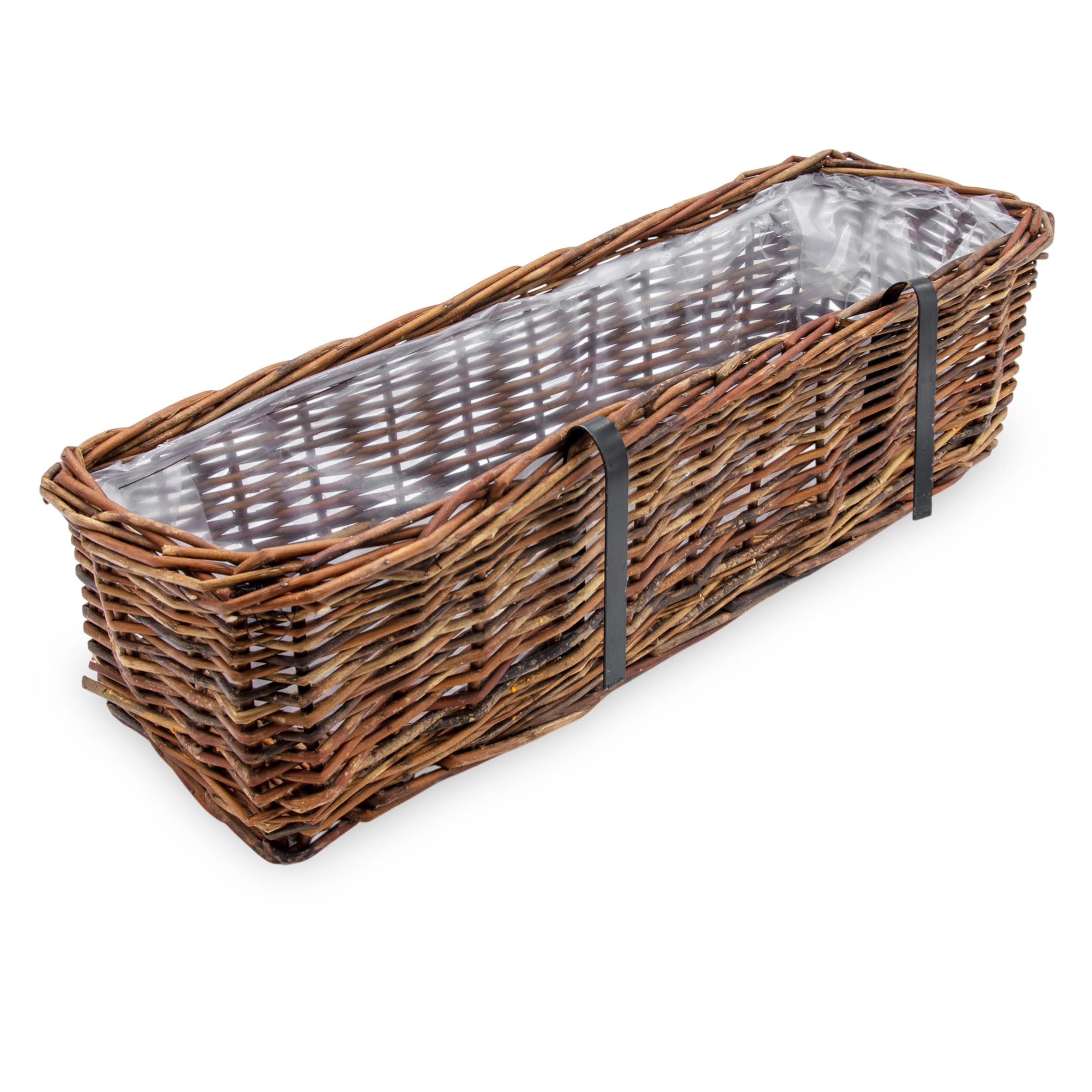 Spetebo Rattan skrzynka balkonowa, zestaw 2 szt., prostokątne, z folią, kolor naturalny, ciemne – 60 x 19 cm – rattanowa skrzynka na kwiaty z zawieszeniem na balustrady do 3,5 cm – skrzynka na rośliny