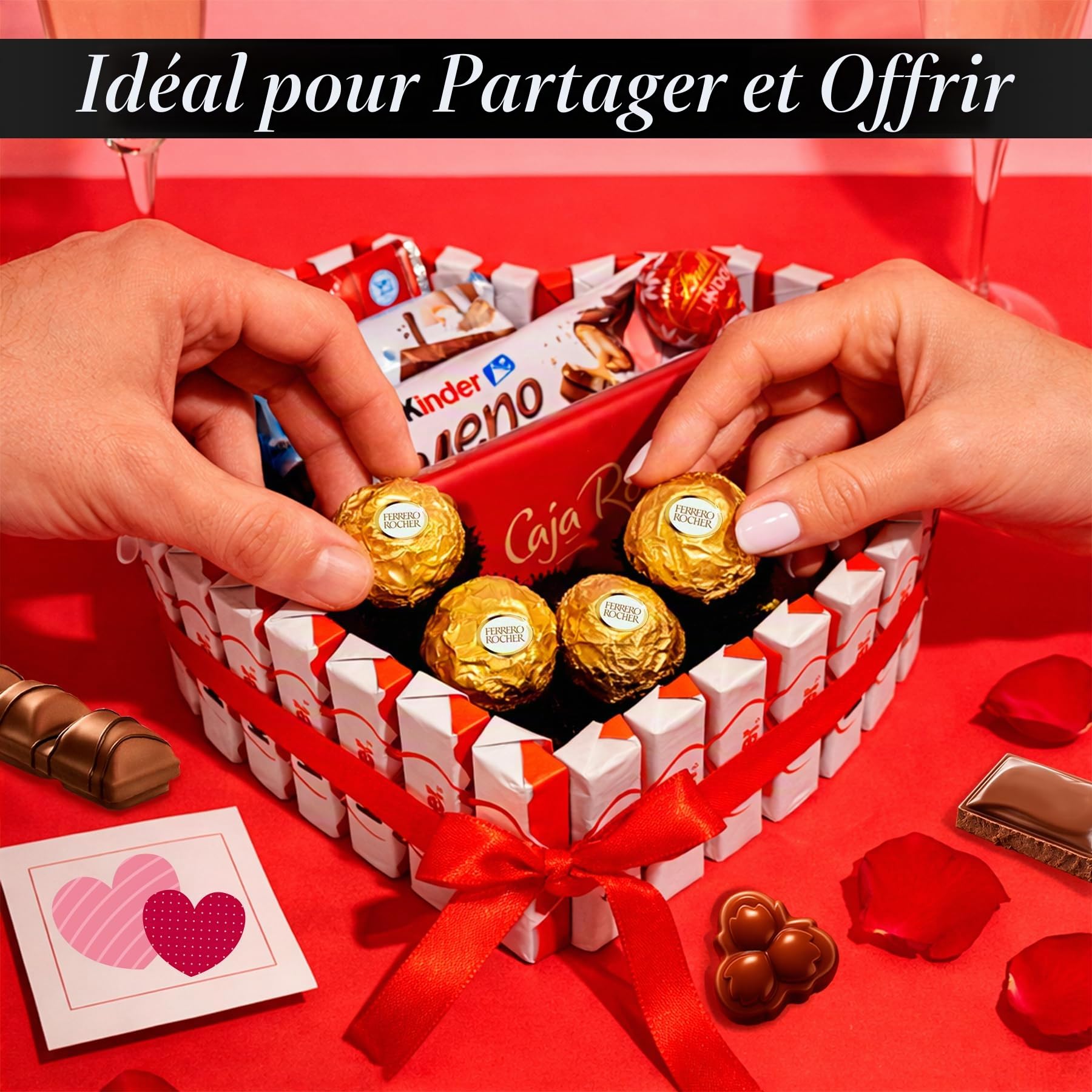 Cœur Surprise Cadeau Saint-Valentin avec Peluche et +40 Chocolats et Confiseries – Ferrero Rocher, Lindt Lindor, Caja Roja, Kinder – Carte Personnalisée