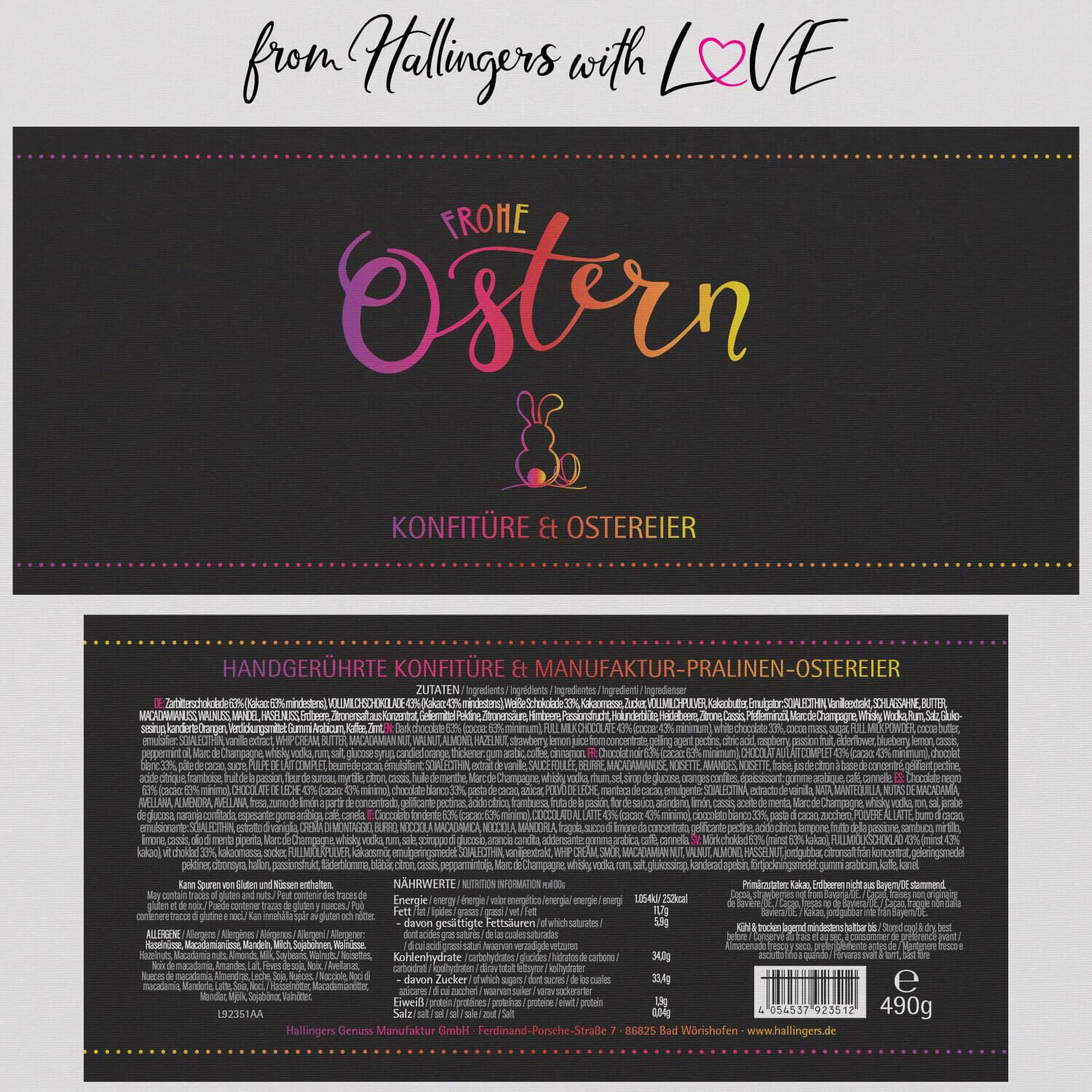 Hallingers Genuss Manufaktur Feinkost Oster-Geschenk-Set - XXL-Geschenkkorb "Frohe Ostern black" großes Osternest mit 17 Pralinen-Ostereiern & Erdbeer-Konfitüre, Ostern Körbchen für Frauen Männer