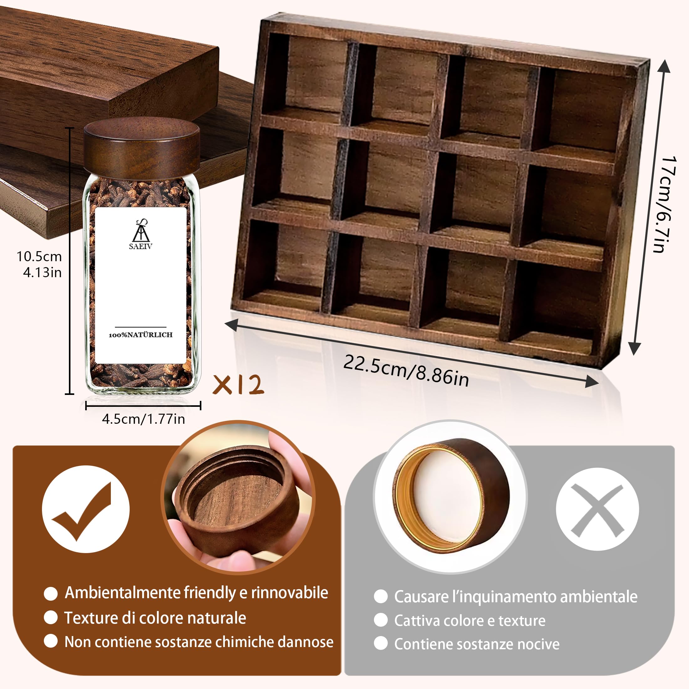 SAEIV Porta Spezie per Cucina Salva Spazio Portaspezie Salvaspazio 12 Barattoli Vassoio Legno Acacia Vetro Borosilicato Non Bruci Più la Pasta Piano/Cassetto Imbuto Inox+120 Etichette