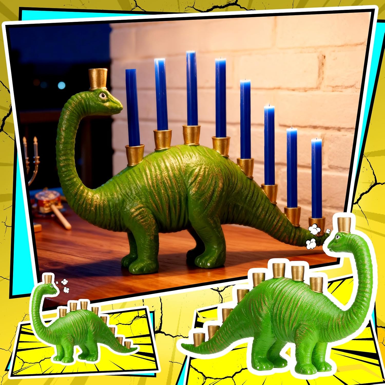 Tioncy Dinosaur Menorah 3D Hand Painted Resin Hanukkah Menorah with Brass Cups Funny Jewish Gifts Decorative Dino Chanukah Candle Holder for Home Decoration(Green)