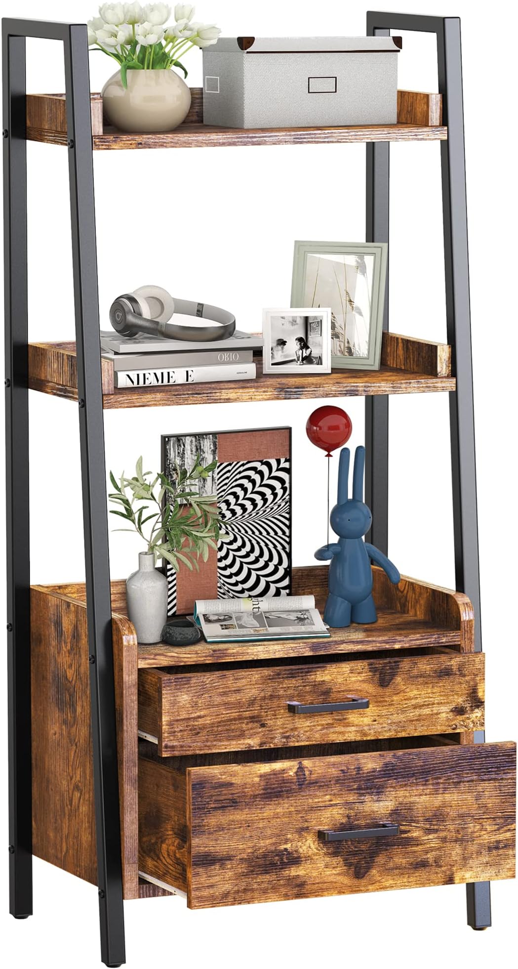 FABATO 3-Tier Ladder Shelf Bookcase with 2 Drawer Organizer Display Shelves Freestanding Bookshelf with Metal Frame for Living Room Office Kitchen Rustic Brown