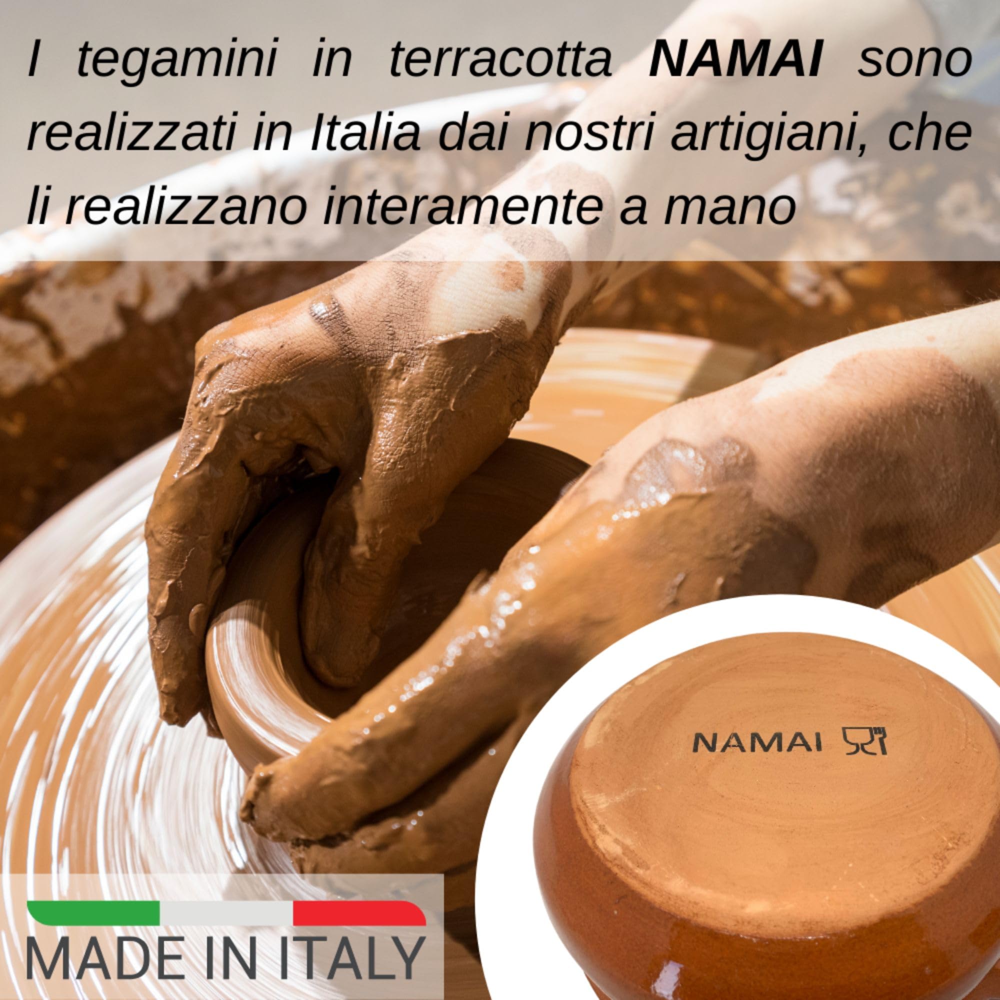 NAMAI - Set da 6 Tegami Terracotta in Terra Rossa, 14 CM Diametro x 5,5 CM Altezza, Adatti in Forno e Gas, Prodotto Artigianale, Made In Italy