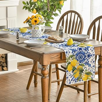 Artoid Mode Lemon Blue and White Porcelain 210 GSM Summer Table Runner, Seasonal Spring Kitchen Dining Table Decoration for Home Party Decor 13x72 Inch