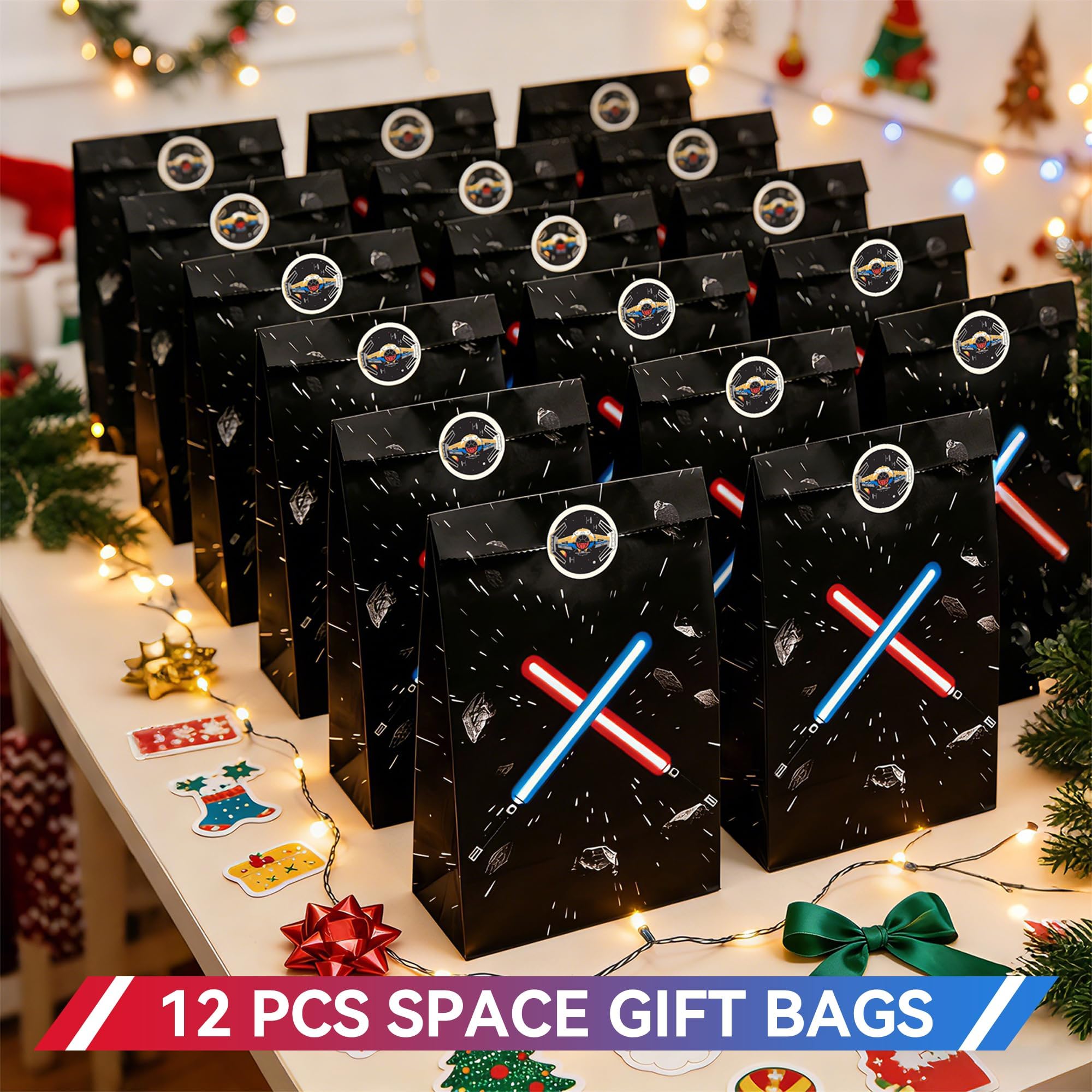 FestiVex 12Pcs Black Galaxy Goodie Paper Bags with Airship Stickers, Space Themed Candy Bags for Birthday Party Favors, Baby Shower, Video Game Party Decorations for Kids and Teens (12)