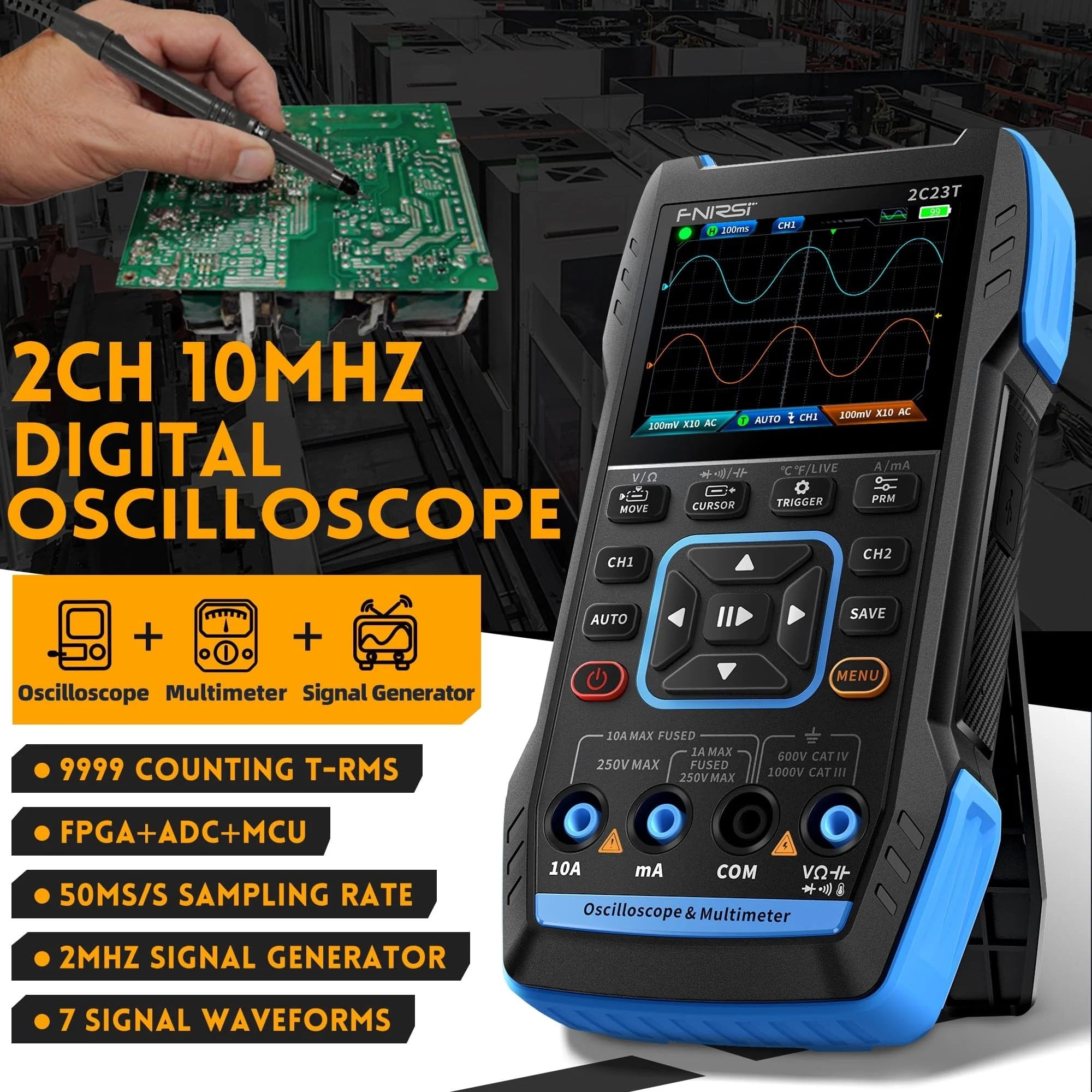 Yellow Tommy Handheld Dual Channel 3-in-1 10MHz 50MS/s Oscilloscope + Digital Multimeter + DDS Function Generator | 2C23T | - Image 5 thumbnail