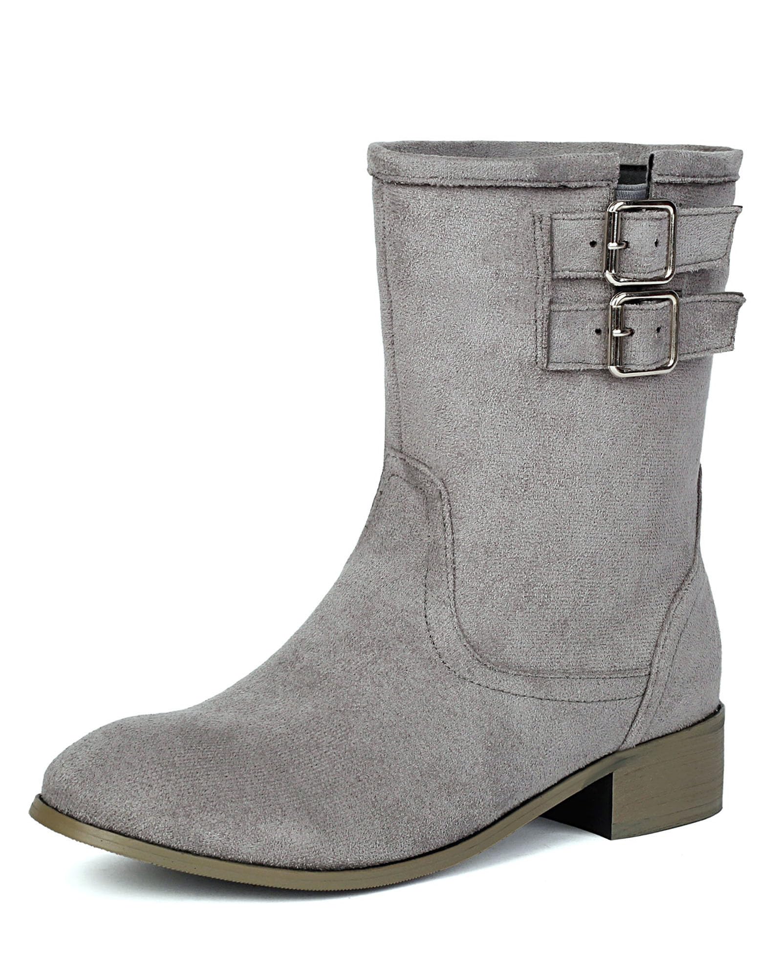 SHEMEE Faux Suede Mid Calf Boots for Women Chunky Low Heels Fashion Buckles Riding Booties Block Heel Matte