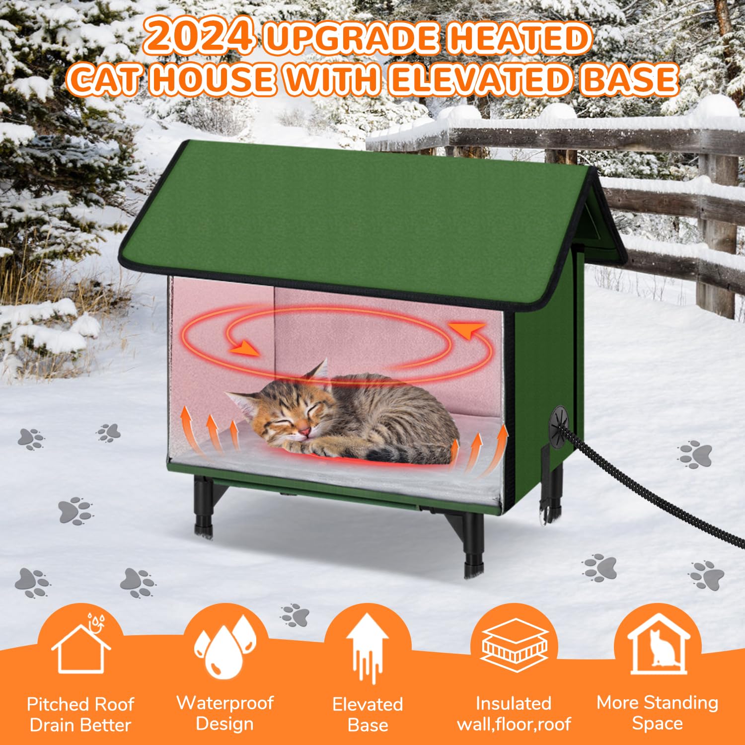 REAPALOT Heated Cat House for Outside Cat in Winter, Insulated Outdoor Feral Cat Shelter with Cat Heating Pad, Elevated Heated Kitty House, 100% Waterproof and Windproof - M