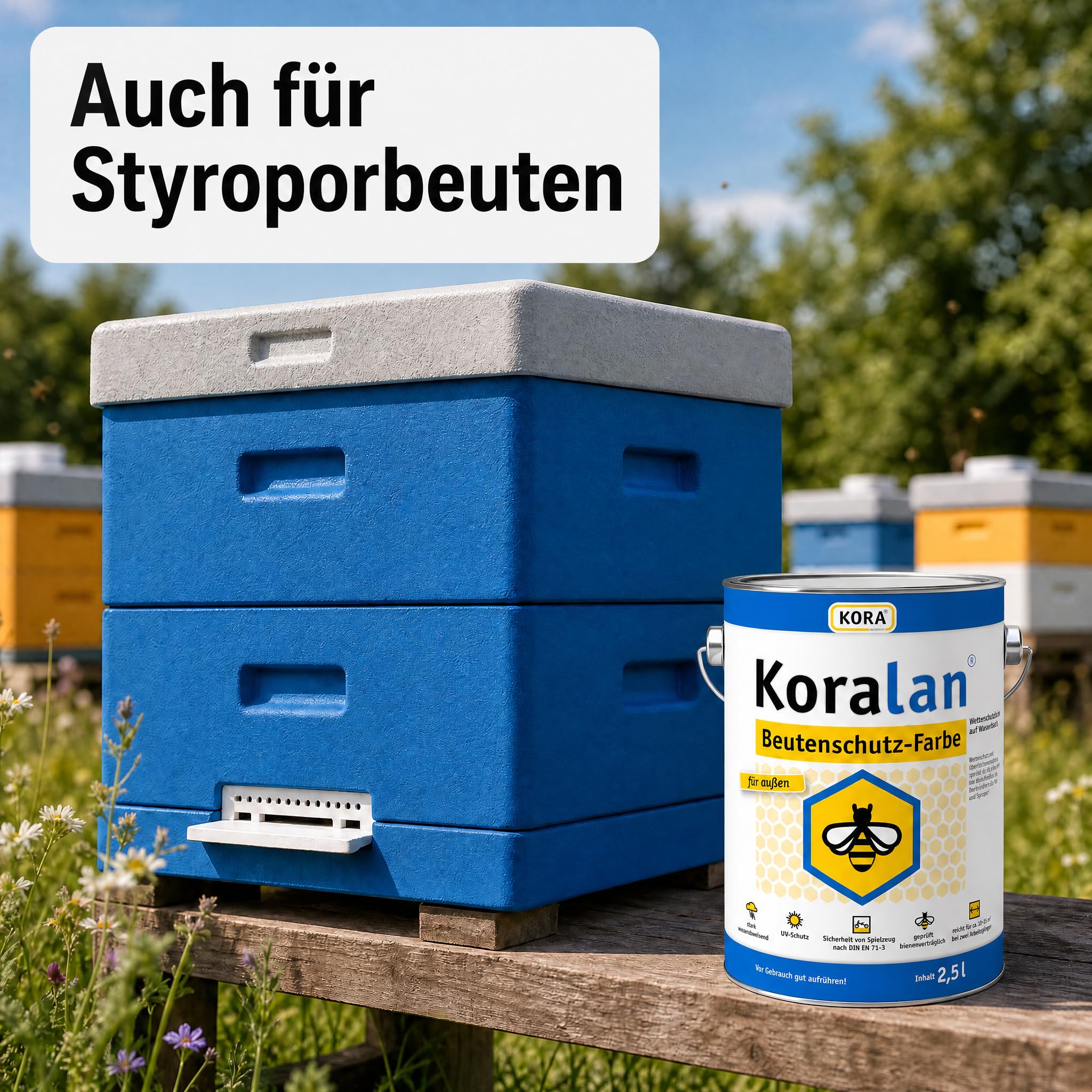 Koralan KORA Beutenschutz-Farbe für Bienenbeuten & Bienenkästen aus Holz & Styropor - wetterfeste Beutenfarbe, bienenverträglich, deckend, wasserbasiert & UV-beständig (Weiß, 2,5 Liter)