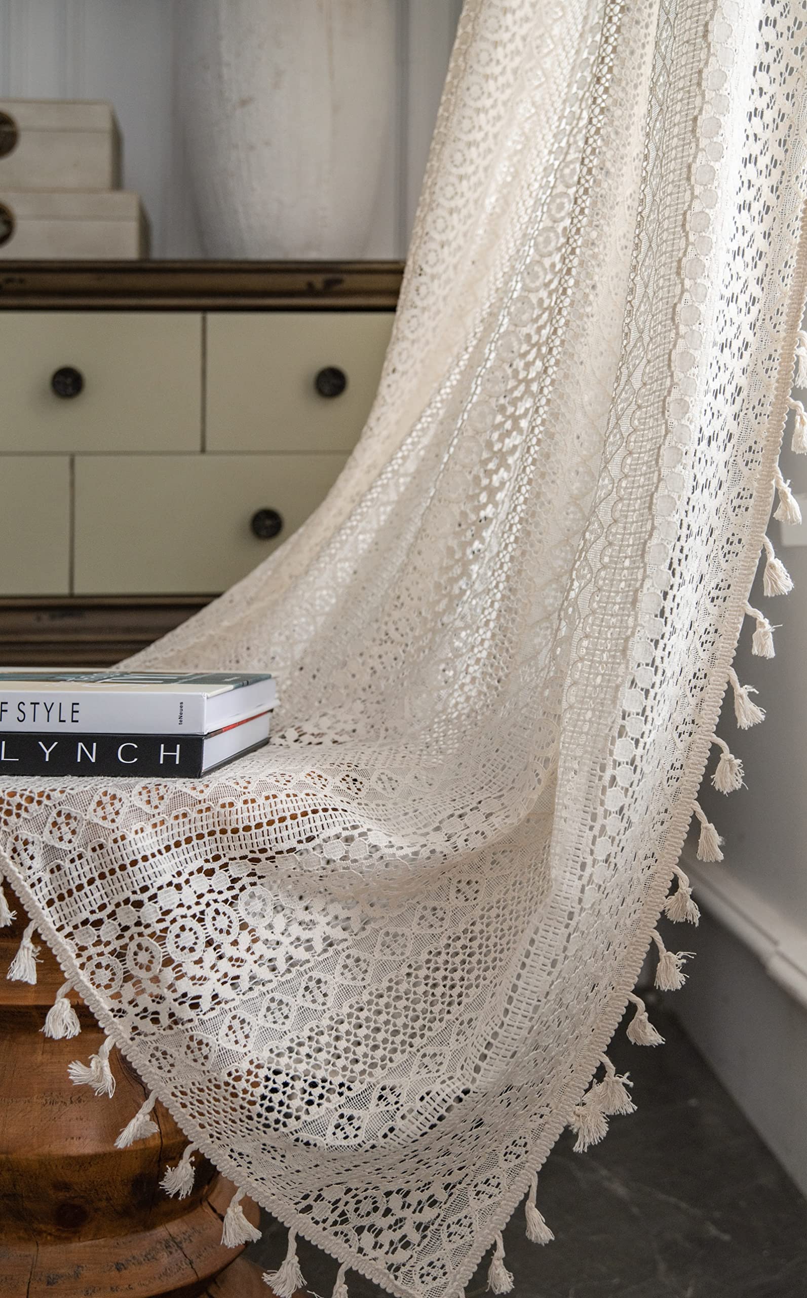 Rideau Vintage Fait Main En Crochet Coton Blanc – 180x60 Cm – Lavable En Machine – Style Rustique Campagne
