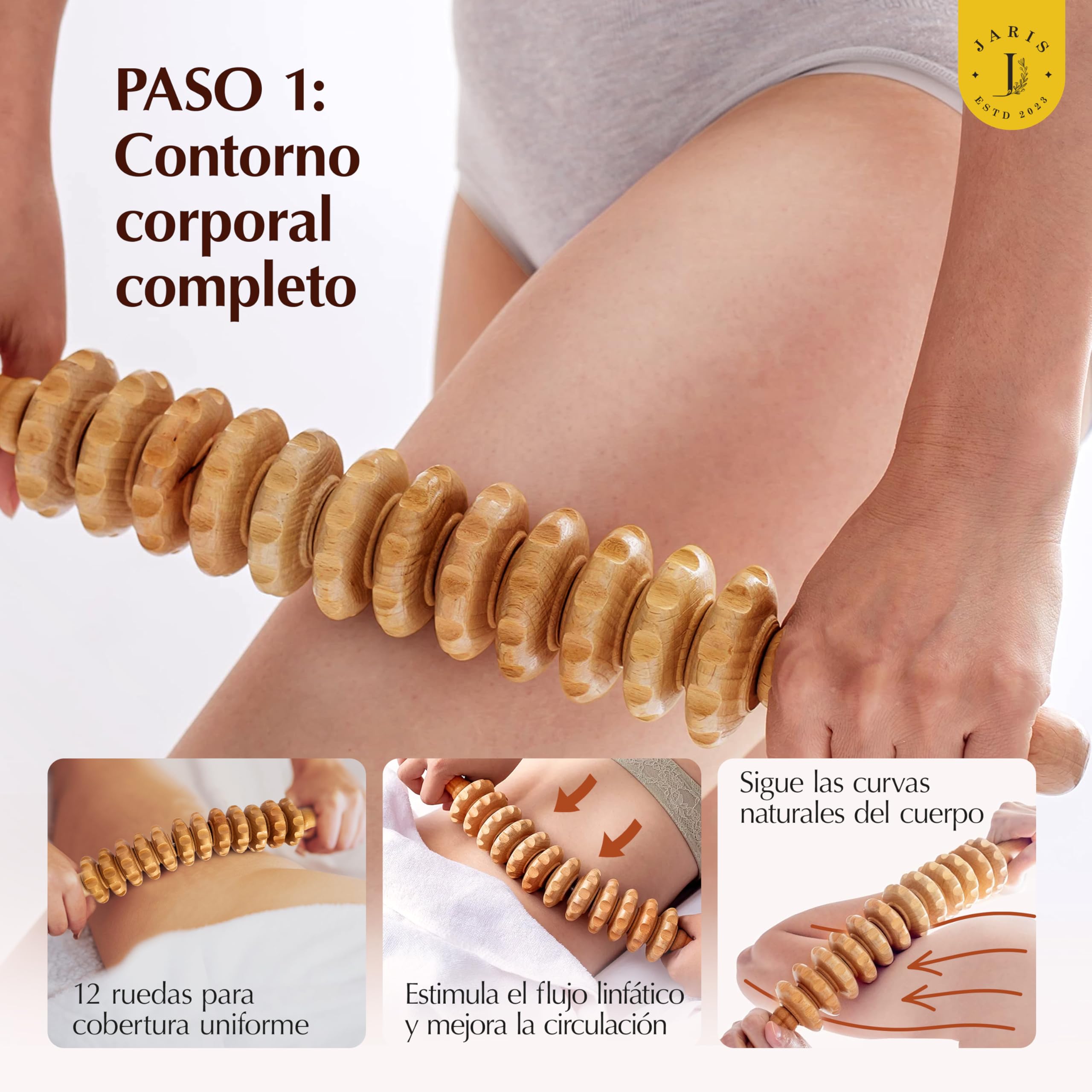 JARIS – Kit de Maderoterapia Corporal Profesional 2 Piezas - Rodillo Anticelulítico Curvo y Champiñón | Maderoterapia abdomen para Celulitis - Piernas y Cuerpo – Instrucciones QR Incluidas
