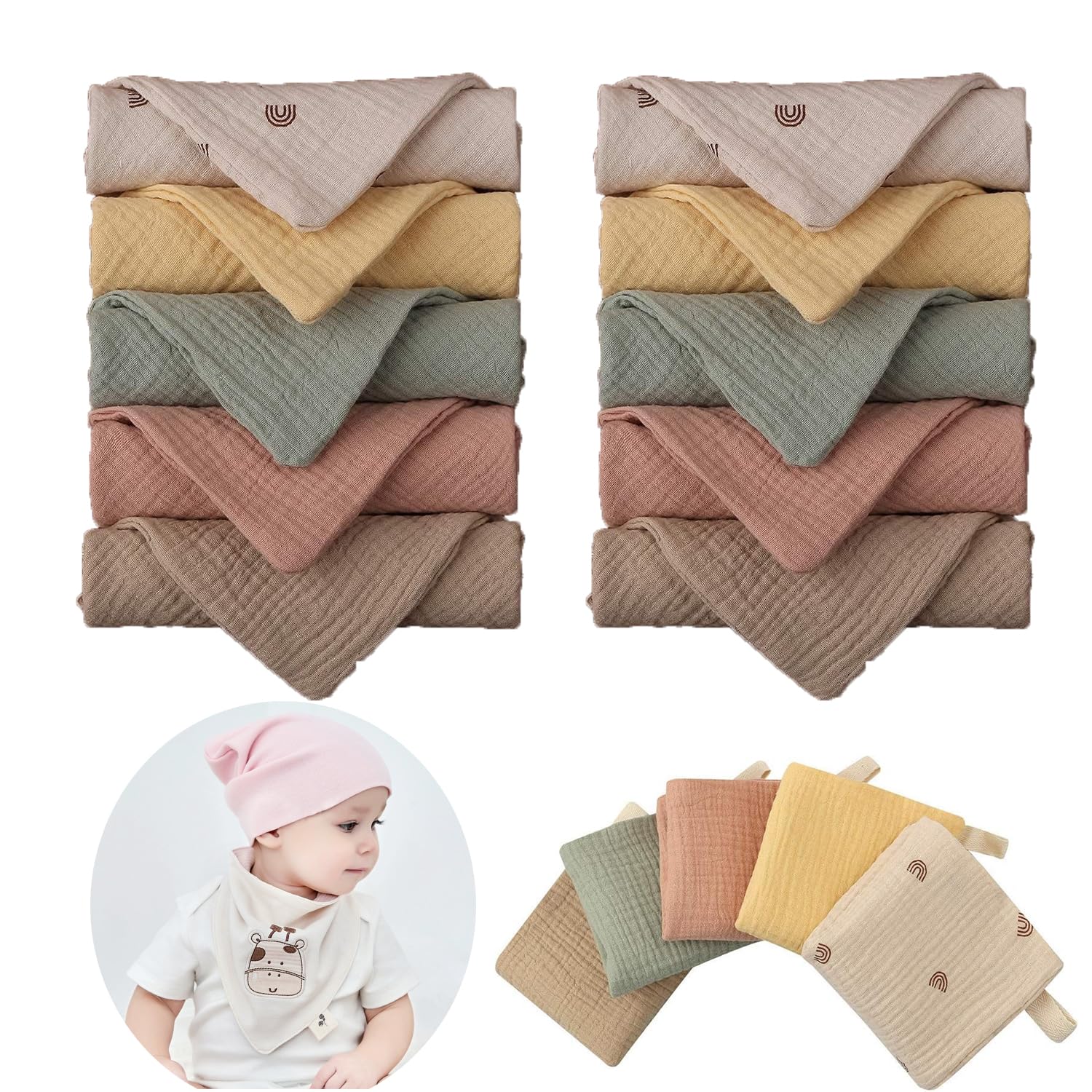10pcs Débarbouillettes Bébé en Mousseline, 23 X 23CM Gants de Toilette, Serviettes pour le Visage de Nouveau-né