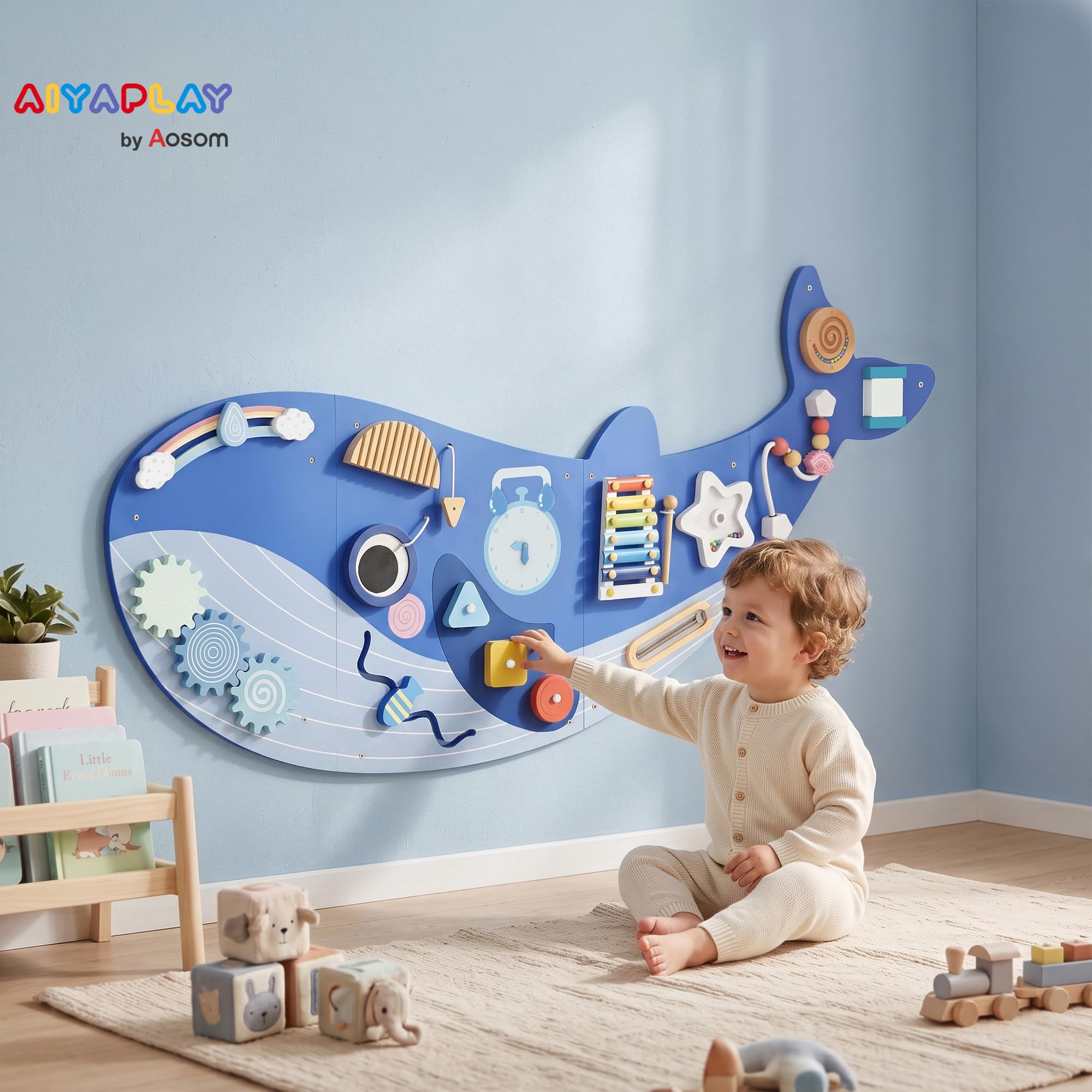AIYAPLAY Busy Board Montessori in Legno 13 in 1 per Bambini da 2 Anni, Blu | Pannello Sensoriale da Parete a Tema Balena, con Ingranaggi, Percorsi con Perline, Orologio, Attività Musicali