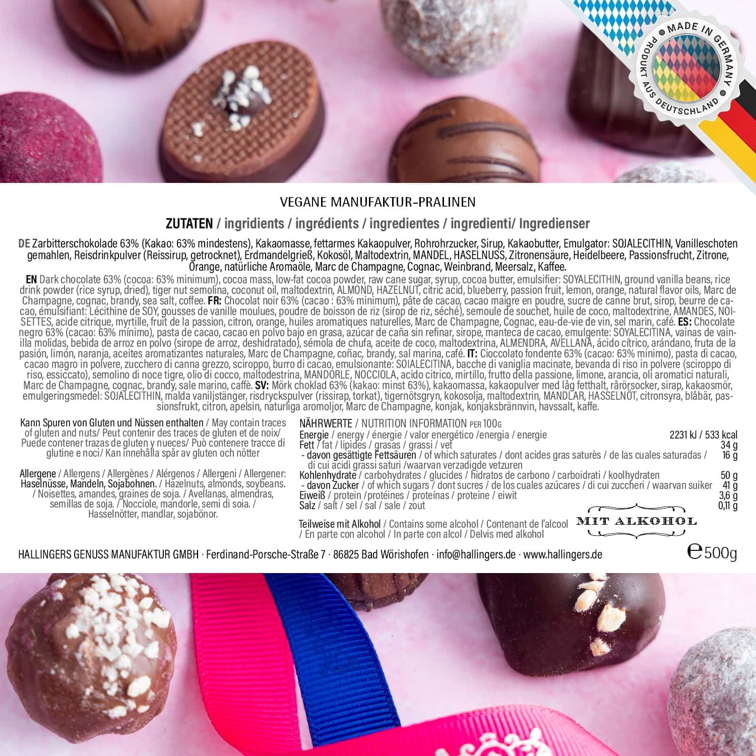 Hallingers Genuss Manufaktur Vegane Pralinen Geschenk - mit & ohne Alkohol, handmade aus Confiserie-Edelkakao in wertiger Geschenkbox "FirstClass Vega...", Geschenkidee für Frauen Männer