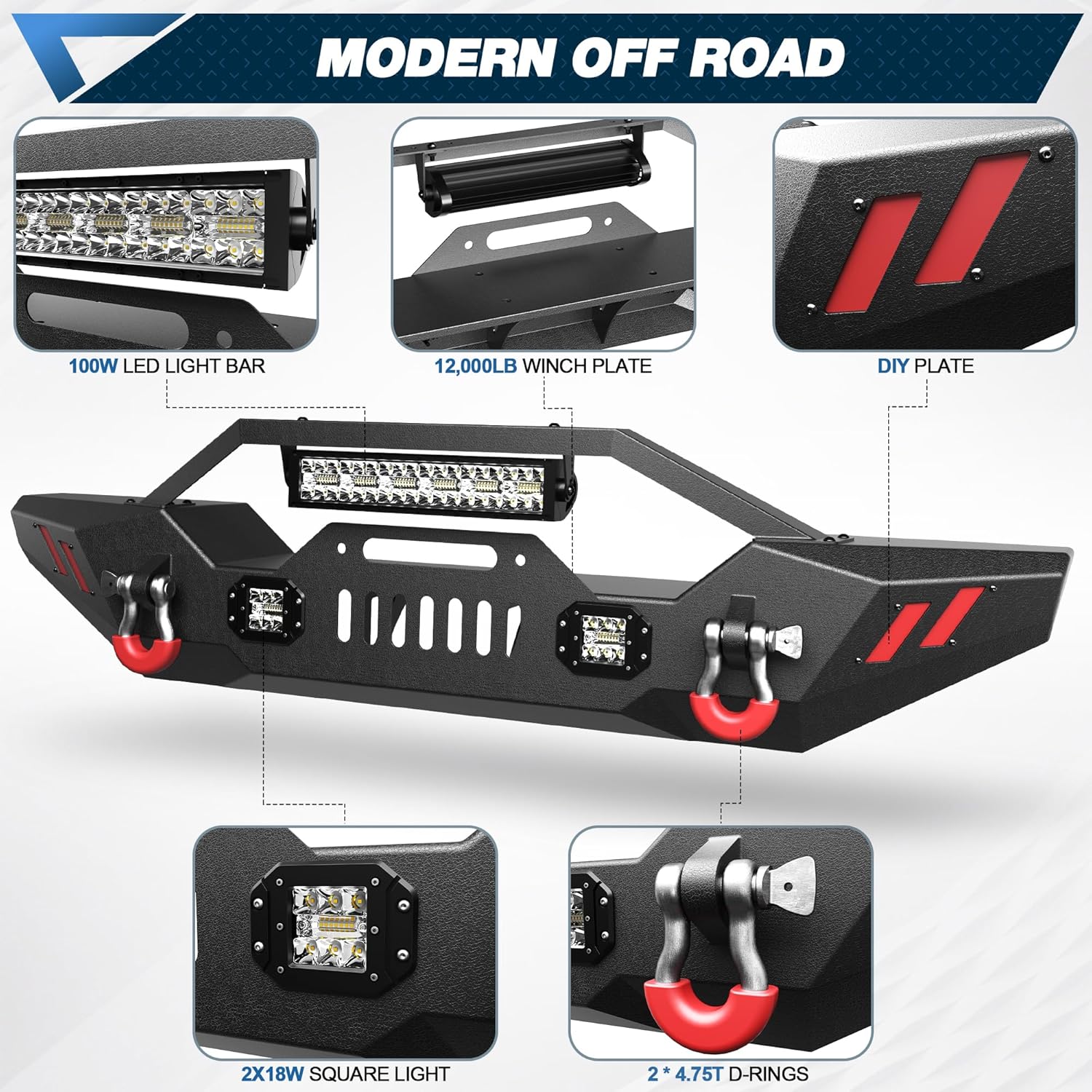 Wrangler JL Front Bumper + Rear Bumper with Winch Plate, D-ring and Lights Compatible with 2019-2026 Jeep Wrangler JL JLU Unlimited 2/4 Doors