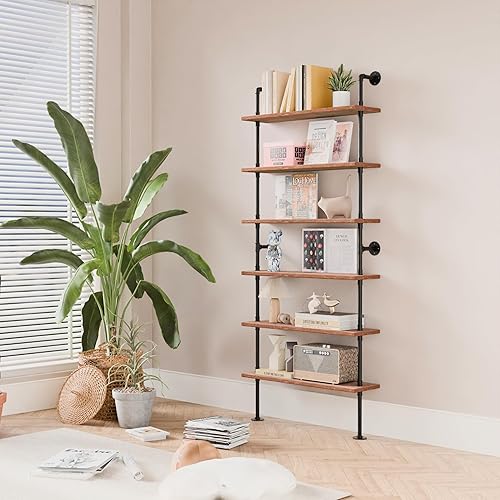 Miniatura 48 de Estantería industrial de 5 niveles, estantería rústica de tubería de metal de madera montada en la pared para sala de estar (marrón envejecido, 10