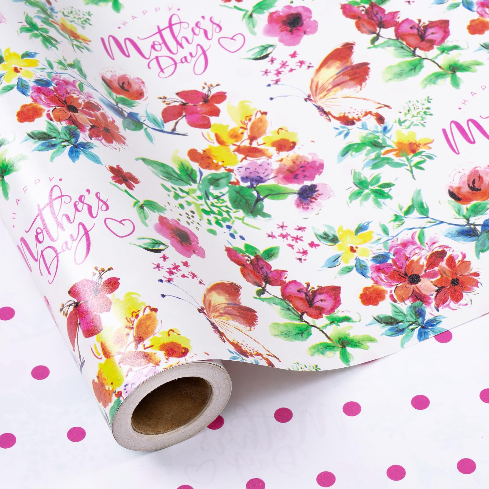 RUSPEPA Reversible Mother's Day Wrapping Paper Roll - Watercolor Floral/Butterfly/Pink Polka Dot Mini Roll, Gift Wrap for Mom, Grandma, Women, Birthday & Spring Celebration, 43.2cm x 5m