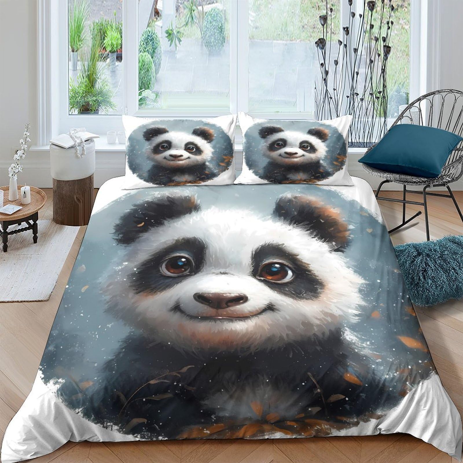 TUFRTGYHN 3D Printed Cute Panda Duvet Cover Microfiber Soft Breathable Cartoon Animal Bedding Set with 2 Pillowcases for Bedroom Decor Single（135x200cm）