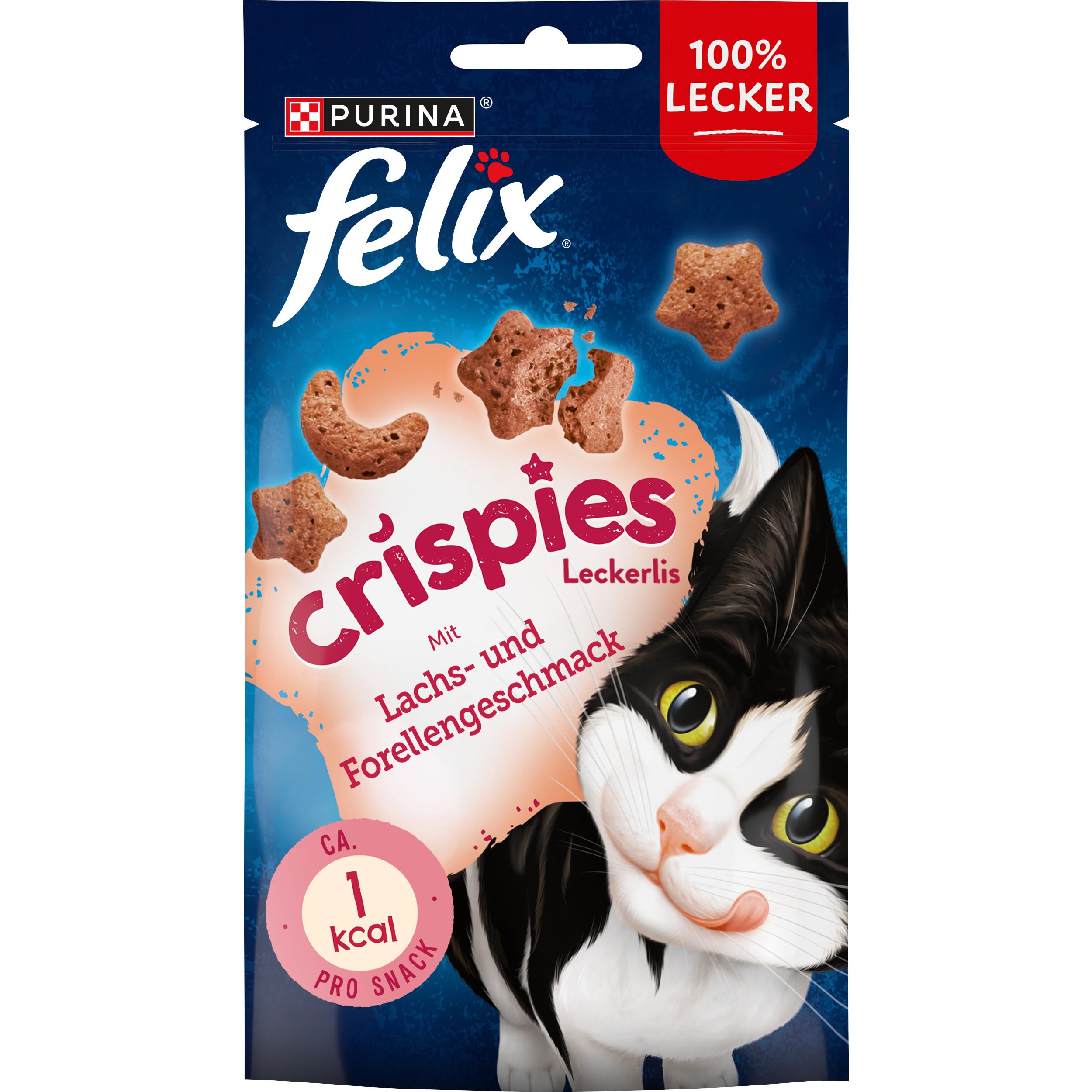 Felix Crispies Katzensnack, Knusper-Leckerlie mit Lachs-und Forellengeschmack, 8er Pack (8 x 45g)