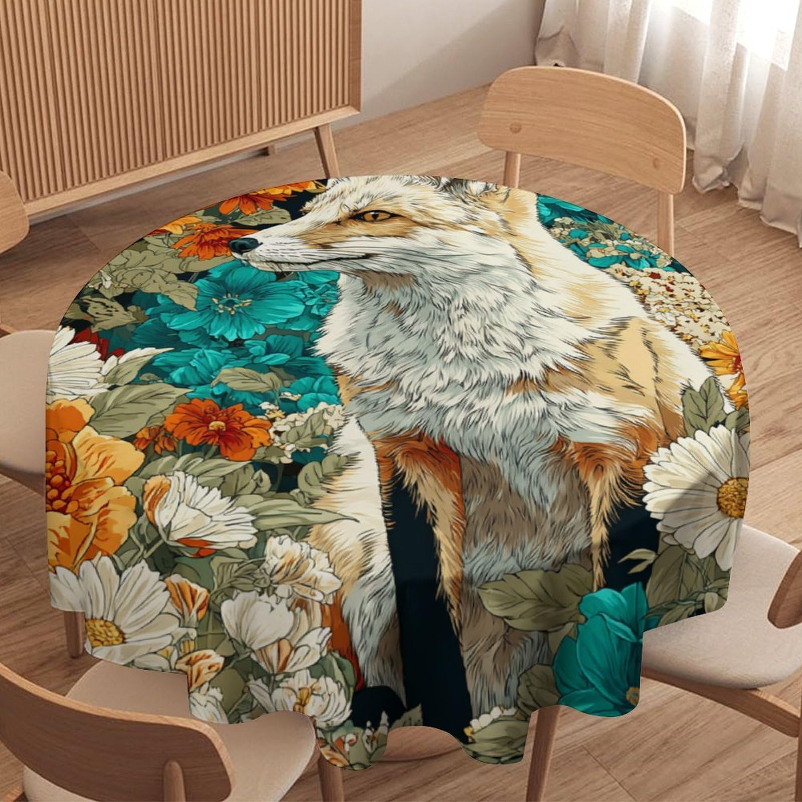LUYYSKY Rustic Funny Fox Round Tablecloth Retro Watercolor Autumn Daisies Flowers Animals Foxes Print Washable Decor for Table Cover for Kitchen-127 Wx127 L cm