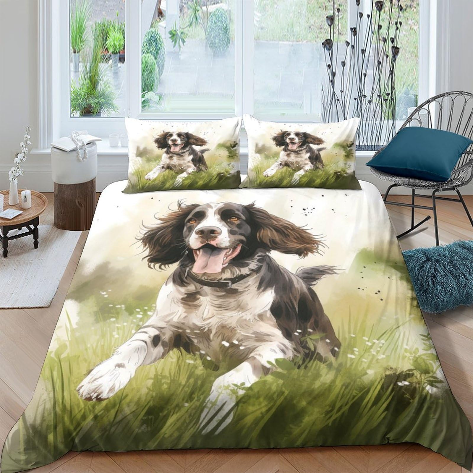 cenmoo Single Duvet Cover Set GirlsSpringer Spaniel Pattern Kawaii Bedding Set ForKids Soft Microfiber Cute Dog Personalised Duvet Cover King（220x240cm）