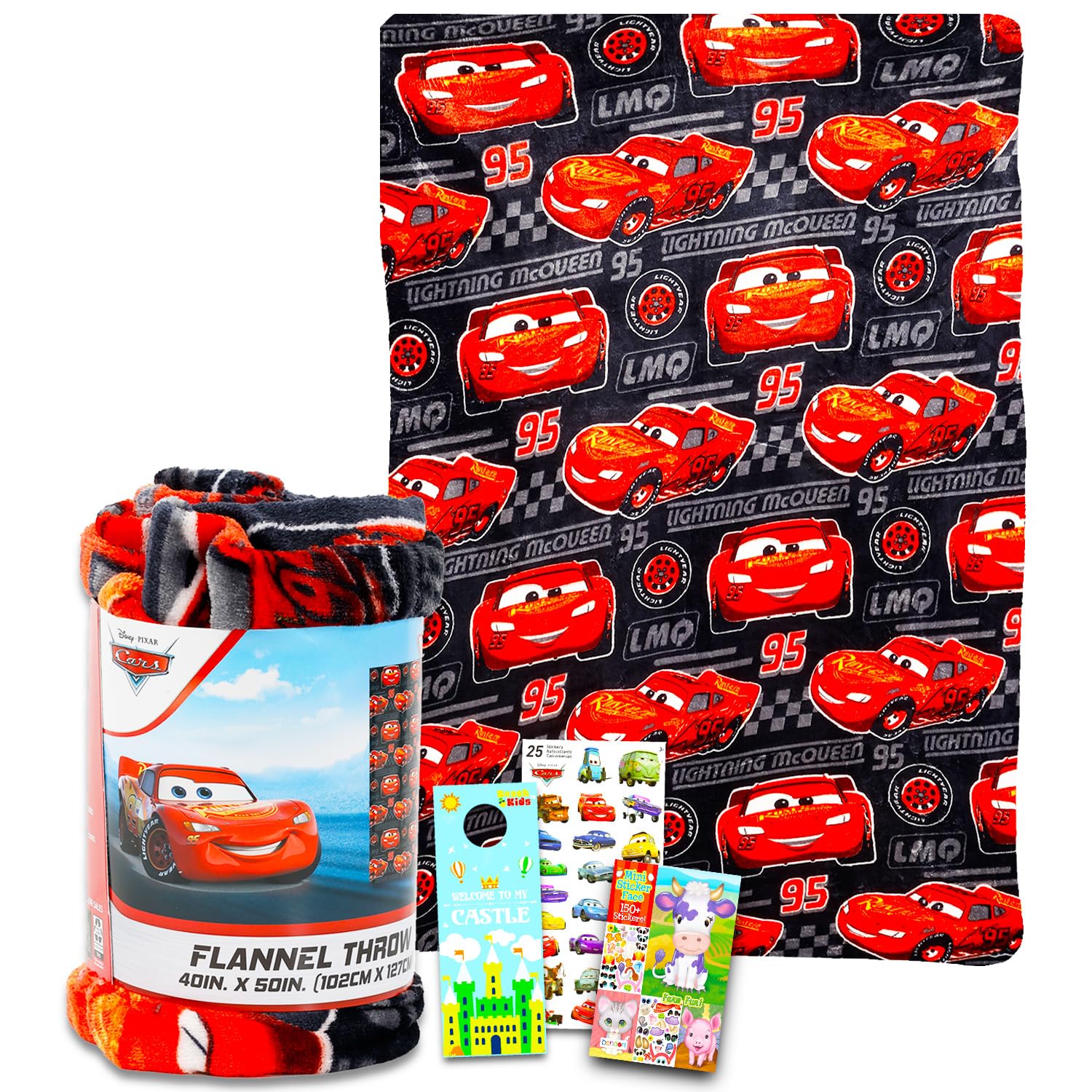Disney Cars Fleece Blanket Set - Bundle with Cozy Soft Lightning McQueen Blanket, Stickers, More for Kids, Adults, Children | Fleece Blanket 40x50