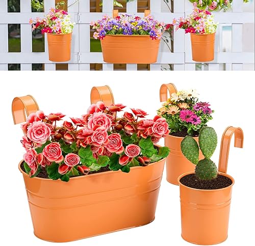 Maceta colgante de 3 piezas para barandilla al aire libre, soporte de metal para plantas de balcón con ganchos desmontables y drenaje, cubo vintage,
