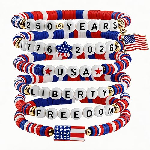 OHOME 4th of July Outfits for Women - 6 Pack 250th Anniversary Patriotic Bracelets | Independence Day Accessories for Fourth of July Party Favors | USA 1776-2026 Freedom Merchandise Jewelry for Women