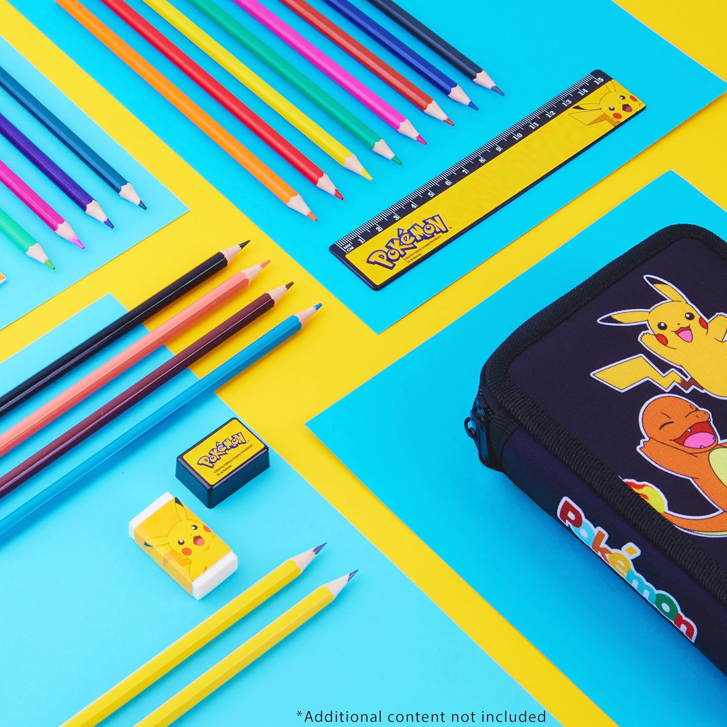 Pokemon Pencil Case for Boys Girls Pikachu Stationery Set with Colored Pencils Sharpener Ruler Eraser Notepad School Supplies Anime Gifts for Kids (Black/Multi)