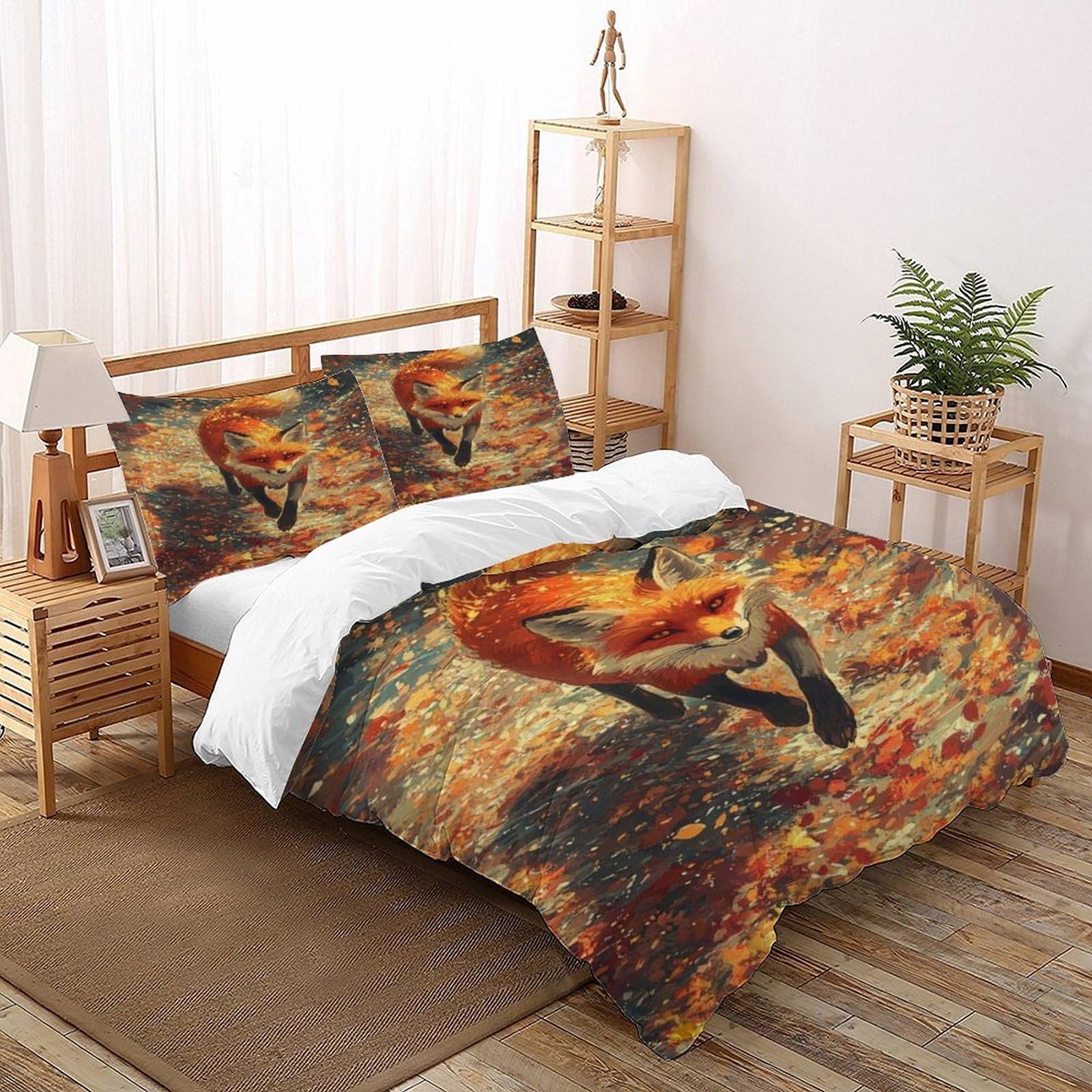 Housse de couette renard automne 260x220cm parure de lit 3 pièces microfibres