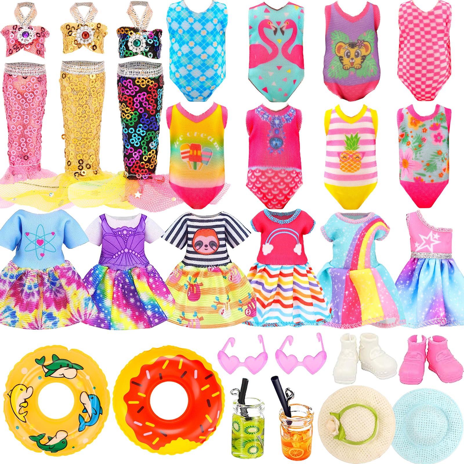Mini 5.3 inch Doll Clothes and Accessories 6 Beach Swimsuits 3 Dresses with 2 Swimming Rings 2 Drinks 2 Hats 2 Glasses 2 Shoes