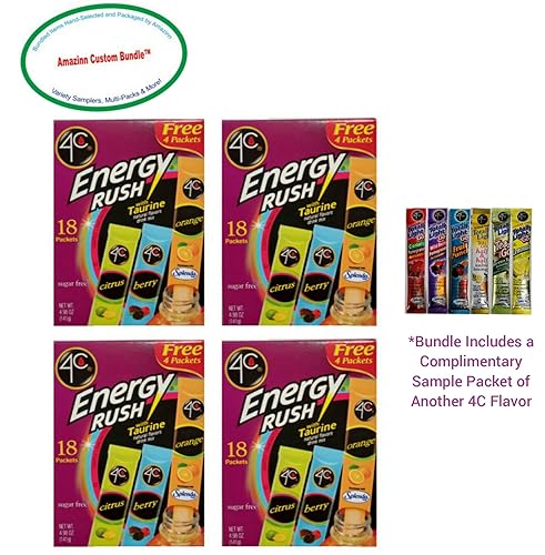 4 C Energy Rush mezcla de bebida variada, 72 paquetesStix (bayas, cítricos y naranjas) + 1 paquete de muestra de cortesía