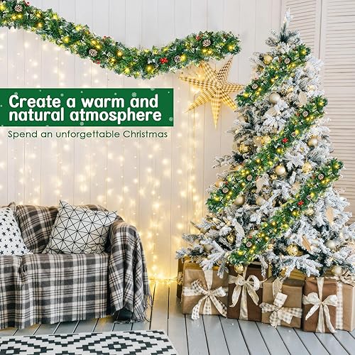 Miniatura 4 de Guirnalda de Navidad de 9 pies con luces, guirnalda iluminada preiluminada con conos de pino, ramas exuberantes de bayas rojas, 50 luces LED,