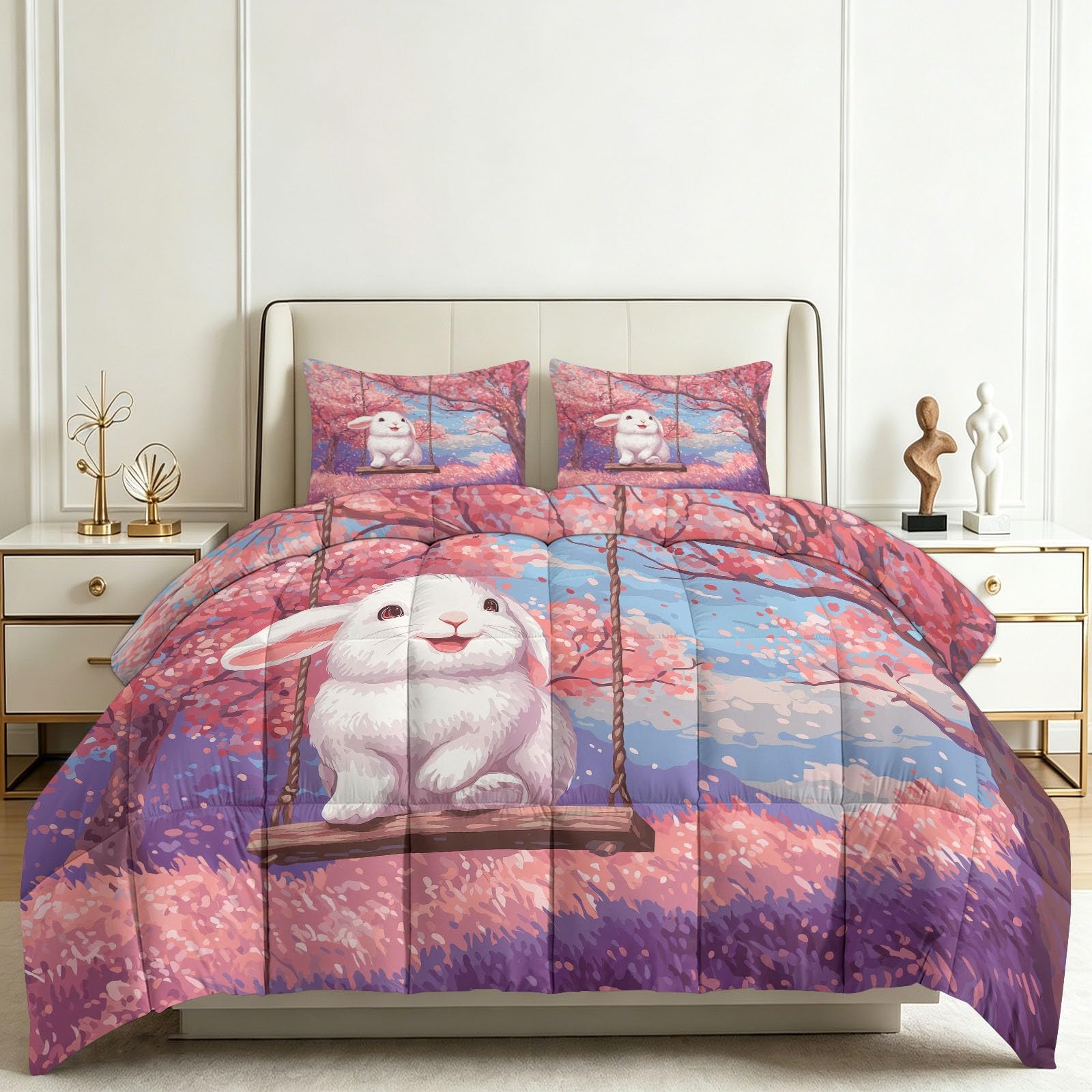 Couette 140x200 lapin blanc fleur pour une chambre d'enfant douce et cosy