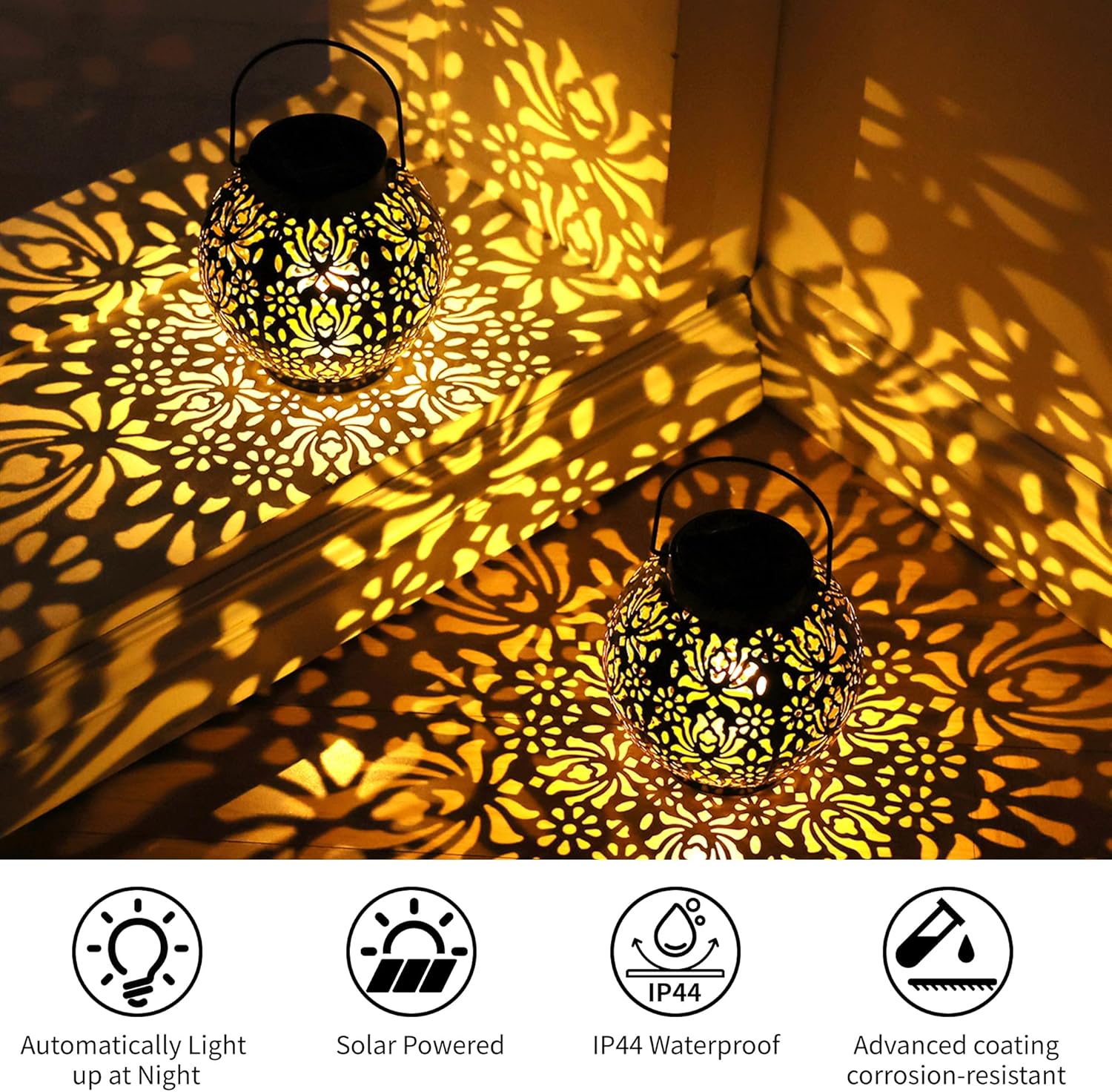 LUZ DEL Gifts 2 Pack Solar Lanterns Outdoor Gifts, Elegant Rose Pattern, IP44 Waterproof Hanging Solar Lights Decor Lamp for Garden, Patio, Pathway, Yard, Porch - Ideal Gift