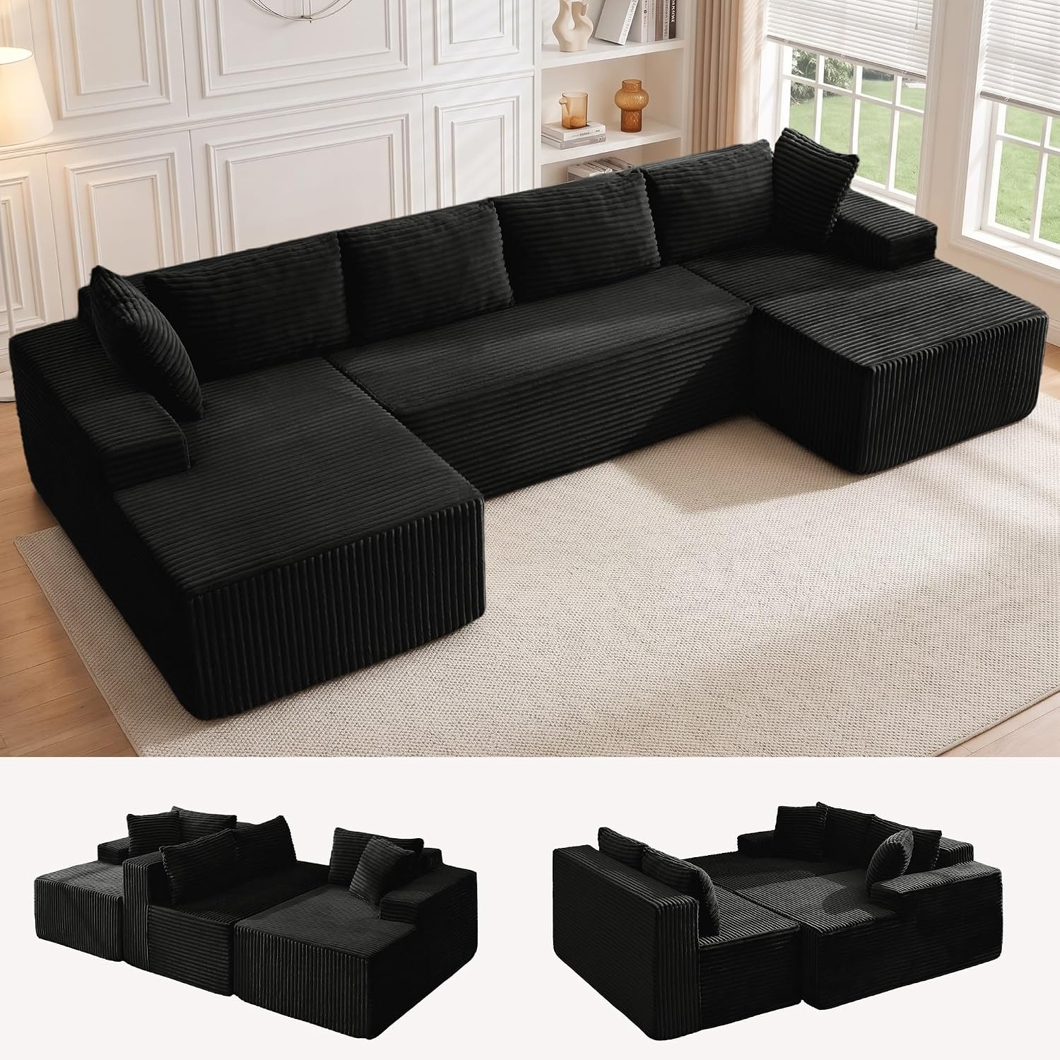  133" Oversized Modular Sectional Sofa, U-Shaped Boneless Couch with Double Chaise, Comfy Corduroy Cloud Couch Sectional, Deep Seat Sectional Couches for Living Room, No Assembly Required, Black thumbnail