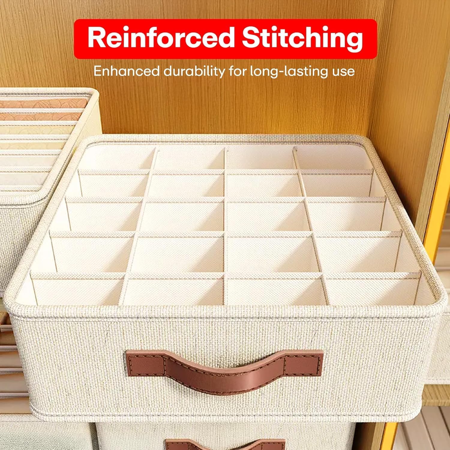 Storage Box Set Wardrobe Organizer Foldable Cotton Jute Storage Bin Washable with Leather Handles Clothes Organizer for undergarments, accessories Beige XL Size Pack of 3