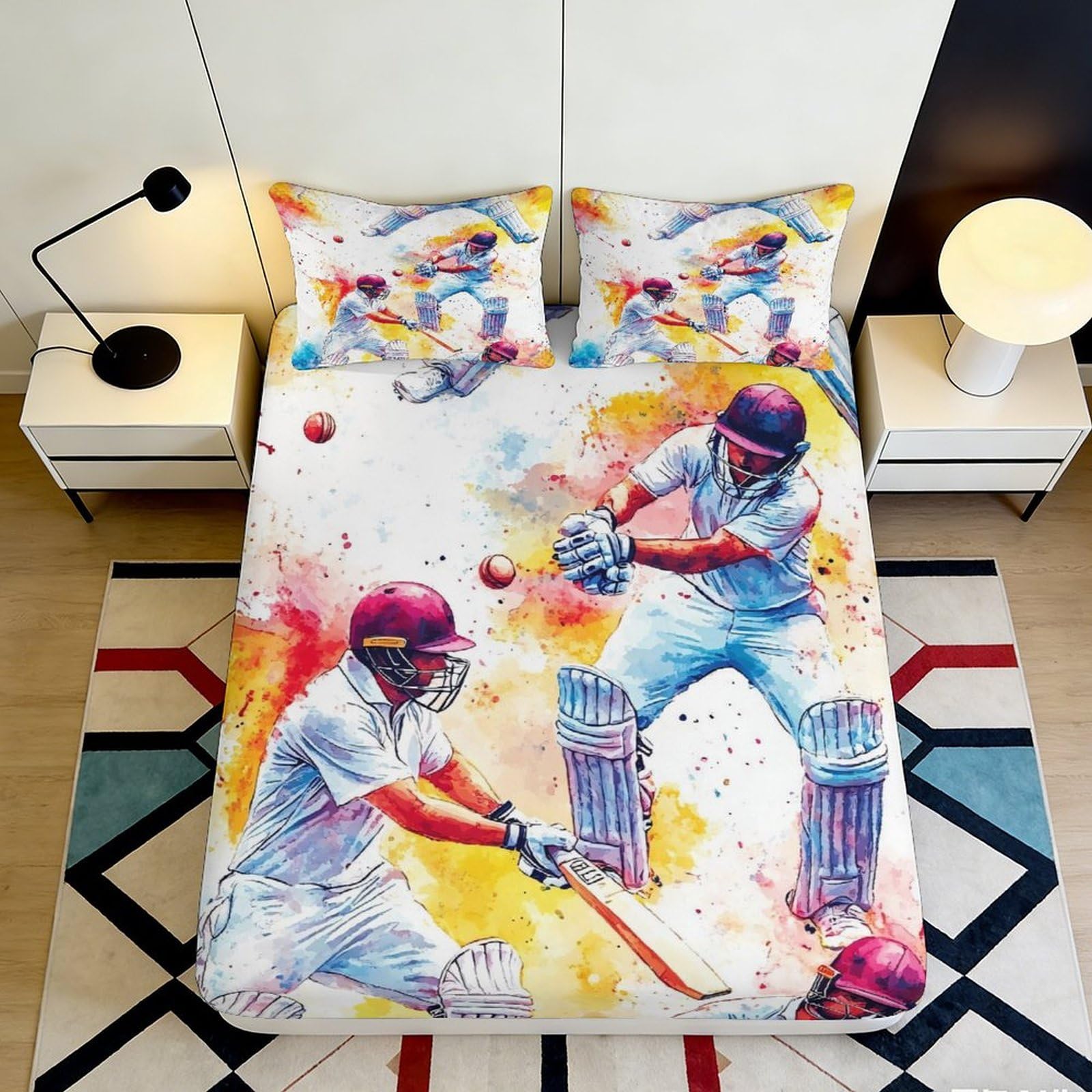 3D Printed Cricket Action Fitted Sheet Microfiber Vibrant Sports Bed Cover for Bedroom Guest Room Dorm Decor 90x200x25cm